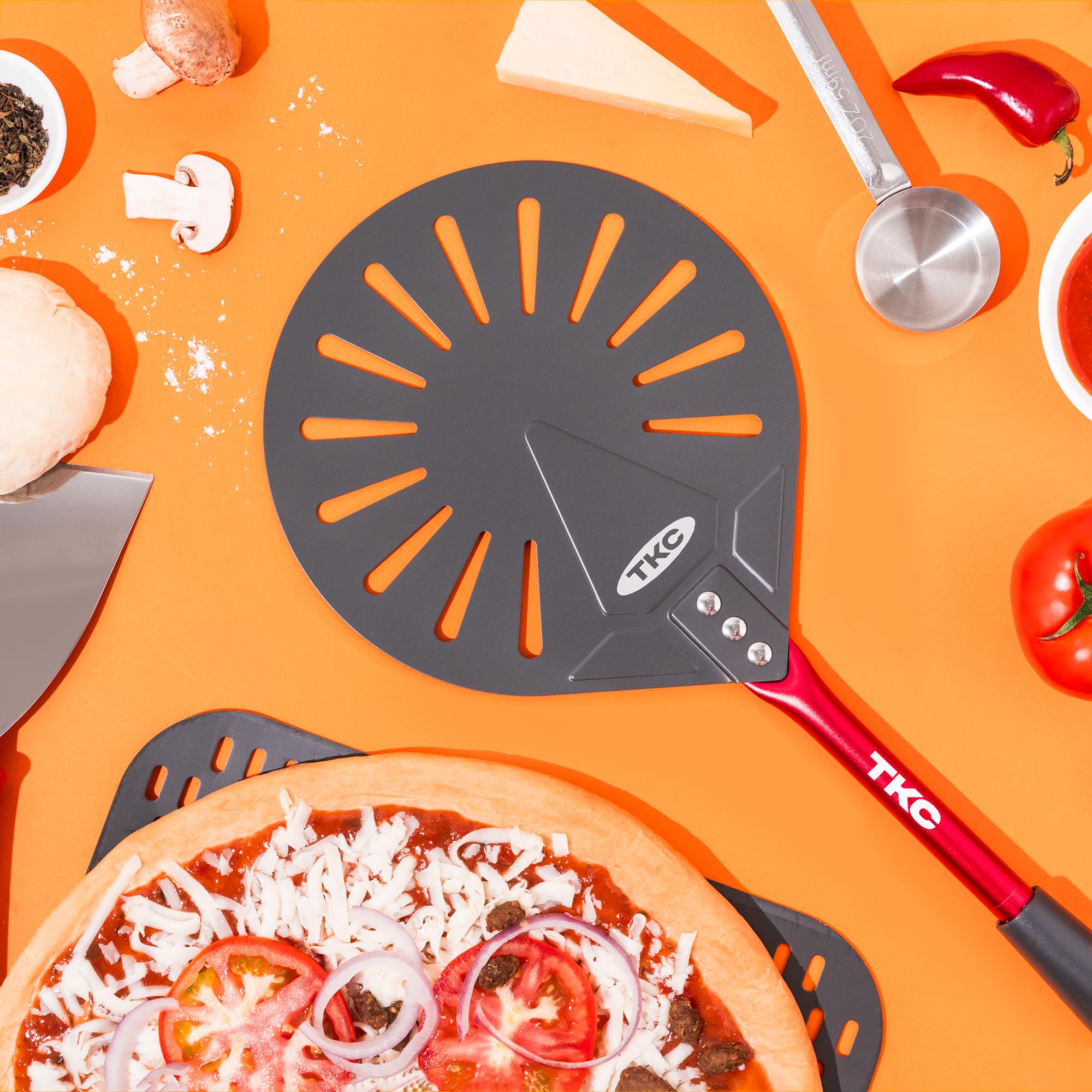 TKC 9-Inch Perforated Aluminum Pizza Peel - Professional Non-Stick Pizza Turner with Long Metal Handle - Lightweight Pizza Oven Accessory for Ooni & Outdoor Pizza Ovens - Perfect for Home Kitchens, Restaurants & Backyard BBQ Parties