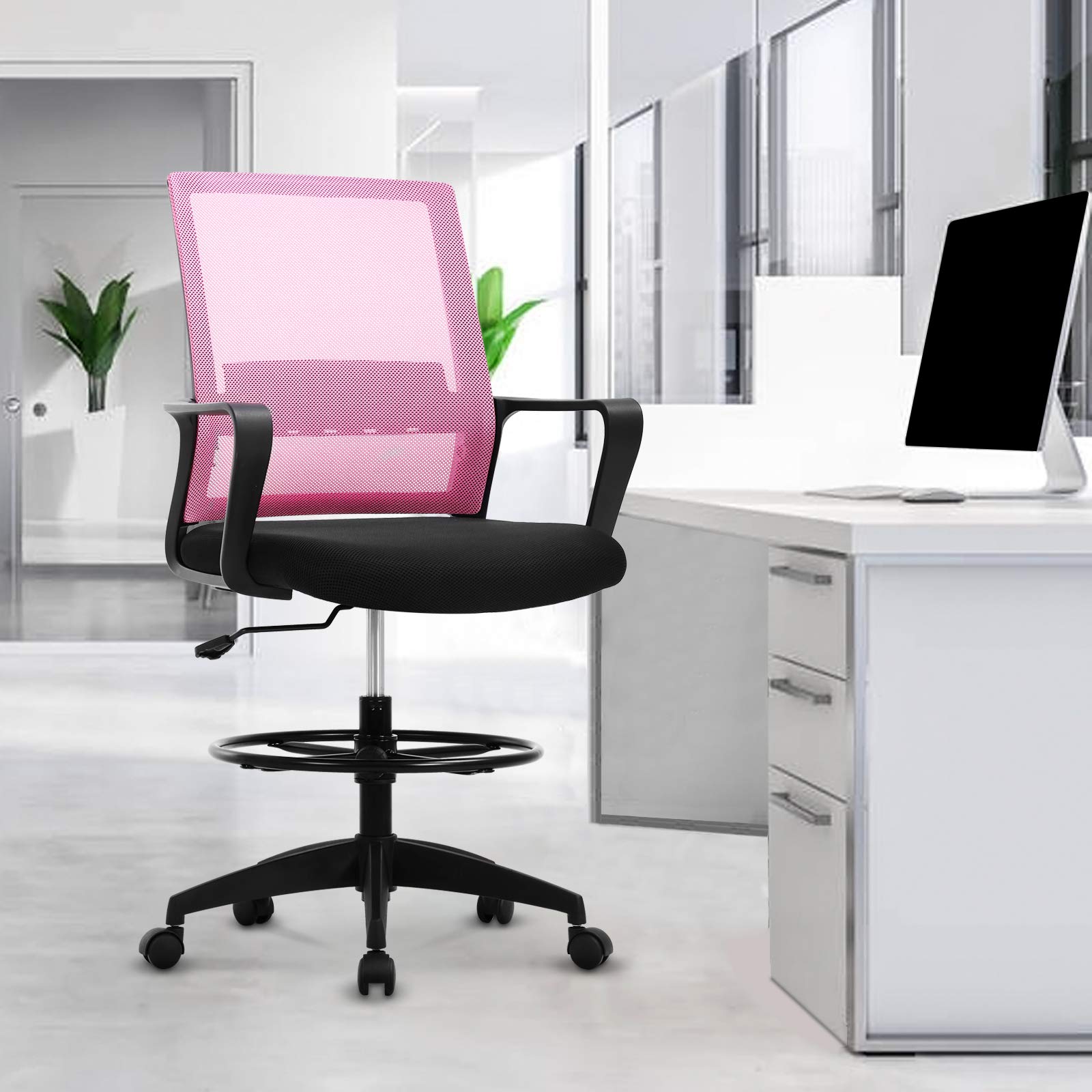 Ergonomic Drafting Chair with Flip-Up Arms & Adjustable Height - US Stock Mesh Office Stool for Standing Desks, High Workstations & Bar Counters - Swivel Rolling Executive Chair for Artists, Architects & Home Office