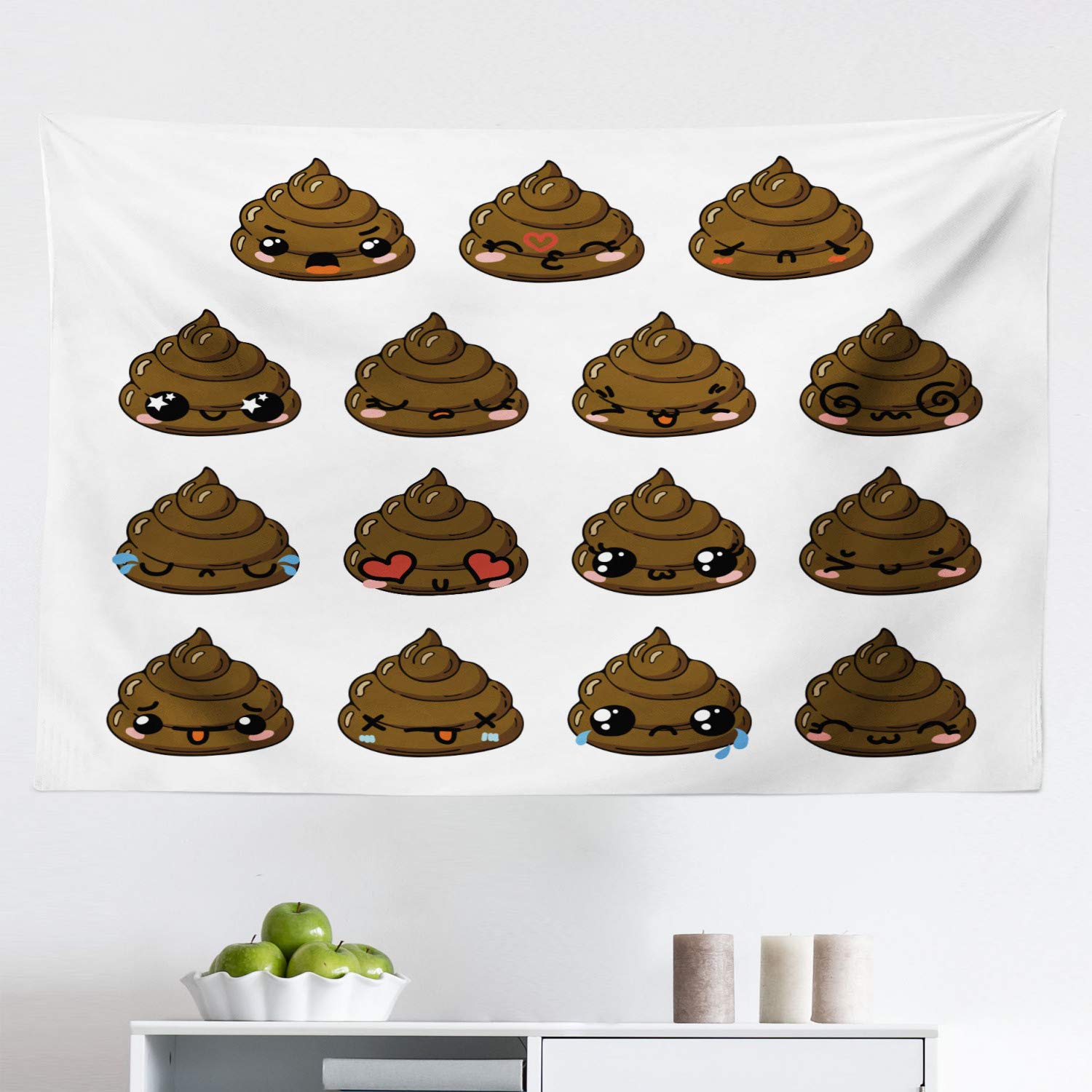Ambesonne Poop Emoticon Tapestry - Funny Turd with Happy Sad Confused Expressions - 45x30 Inch Fabric Wall Art Decor for Bedroom, Living Room, Dorm - Chocolate White - Perfect for Teen Room Decor & College Humor Gifts
