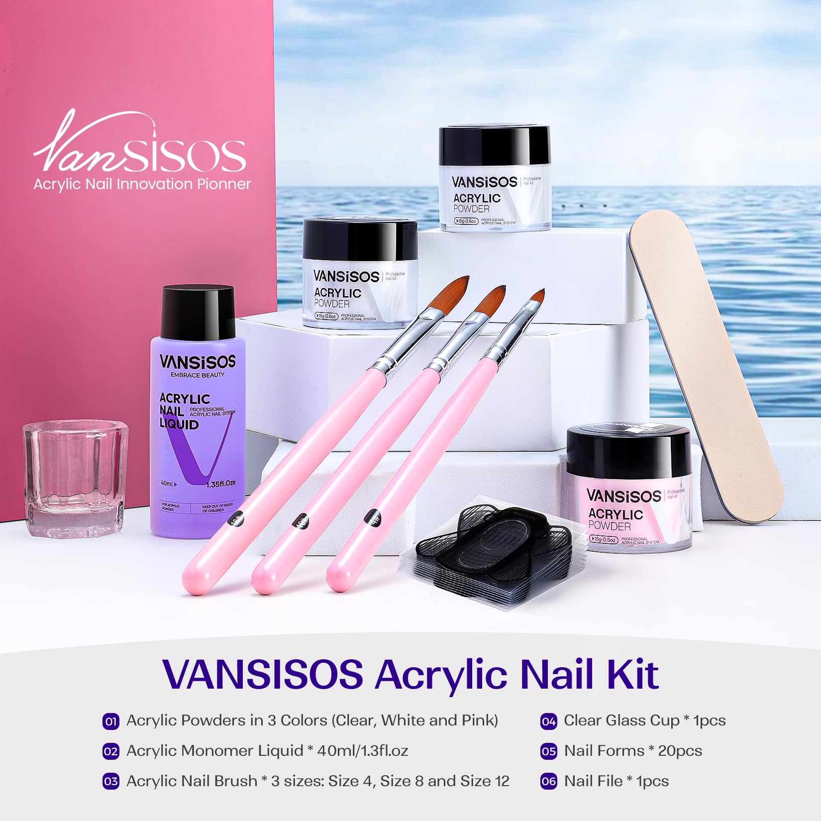 Professional Acrylic Nail Kit for Beginners - Clear White Pink Powder & Liquid Set with Nail Brushes | DIY Manicure & Salon Quality Nails at Home | Perfect for Parties, Weddings & Special Occasions