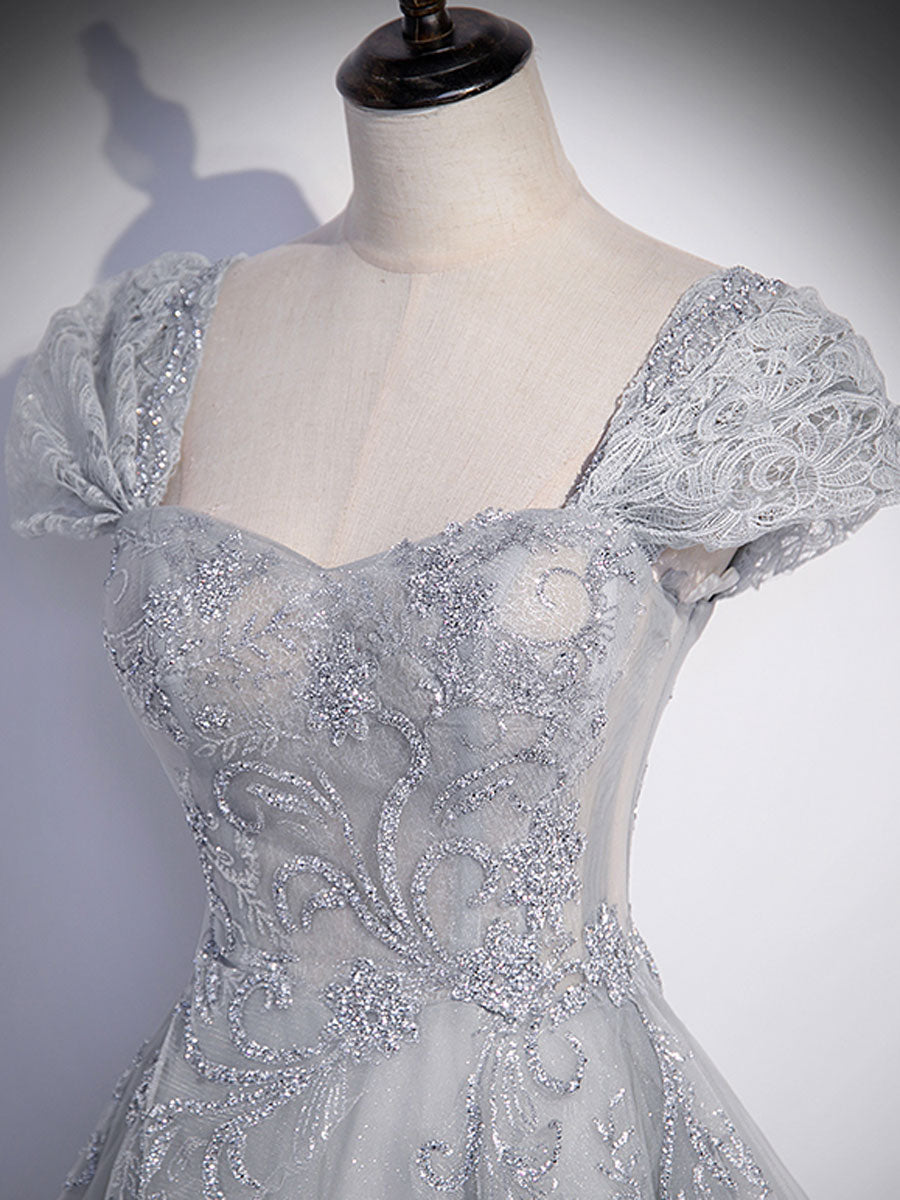 Elegant A-Line Gray Tulle Sequin Party Dress for Women - Perfect for Prom, Evening Gala & Special Occasions