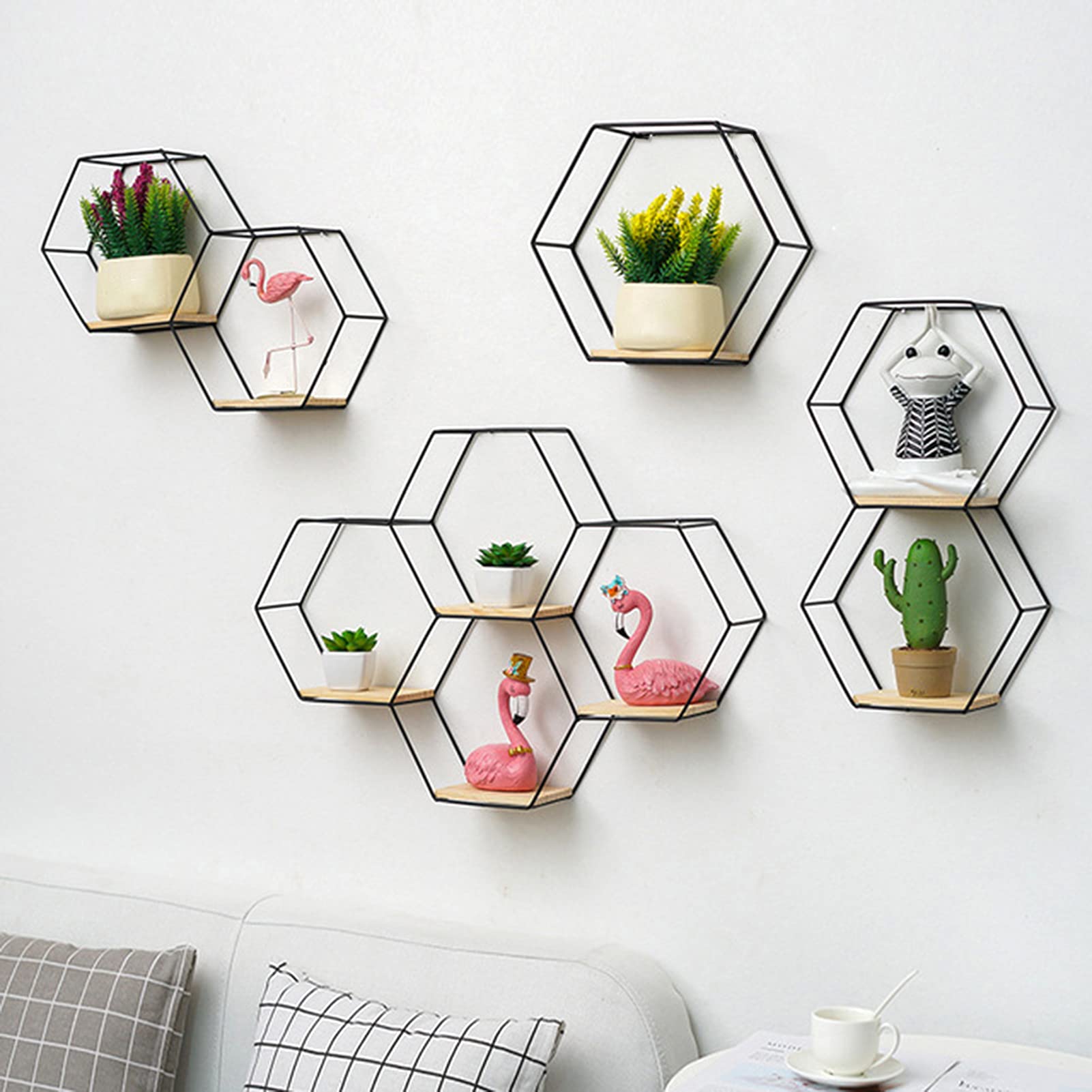 Hexagonal Floating Shelves Wall Mounted - Rustic Metal Shelves for Bedroom, Bathroom, Living Room, Kitchen & Home Office - Plant Holder & Home Decor (Black) - Perfect for Displaying Plants, Books & Decorative Items