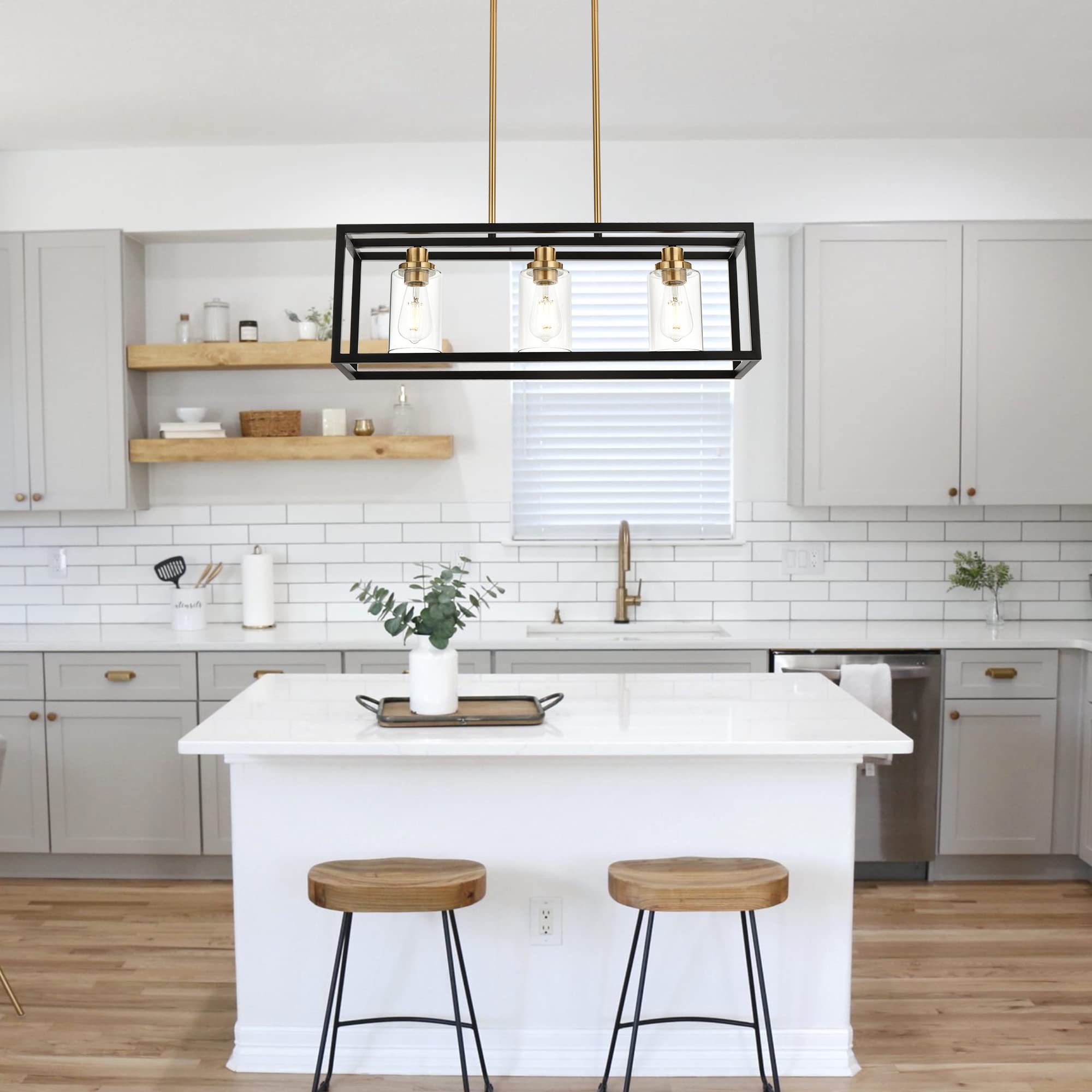 Modern Black Rectangle 3-Light Linear Pendant Chandelier - Kitchen Island Lighting with Clear Glass Shade & Brass Socket, E26 Base - Perfect for Dining Room, Kitchen Counter, and Breakfast Nook Lighting