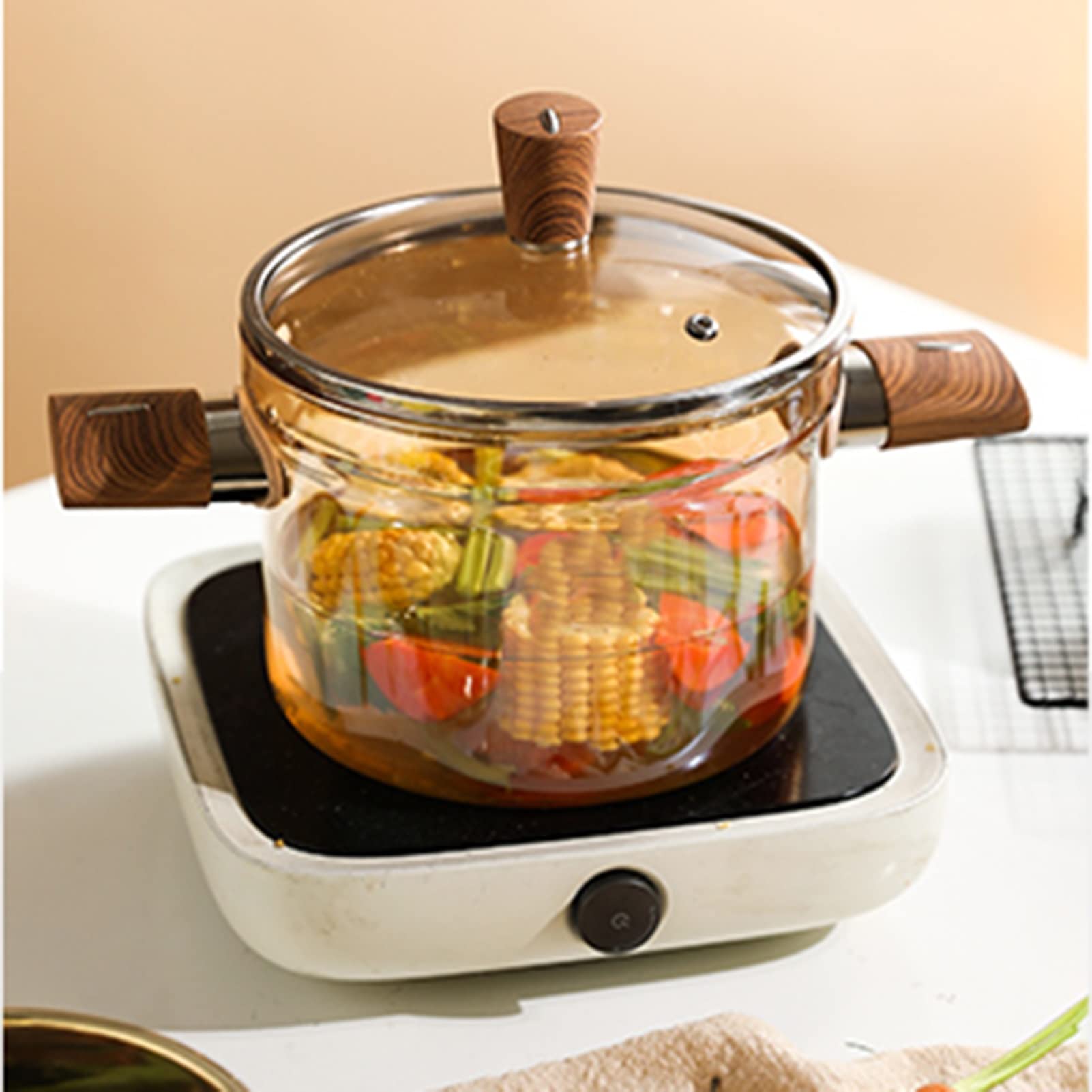 Premium Clear Amber Glass Cooking Pot - 3.5L Heat-Resistant Stockpot with Wood Handle for Soup, Stew, Noodles & Milk - Stovetop, Open Fire & Oven Safe - Perfect for Camping, Kitchen & Restaurant Use