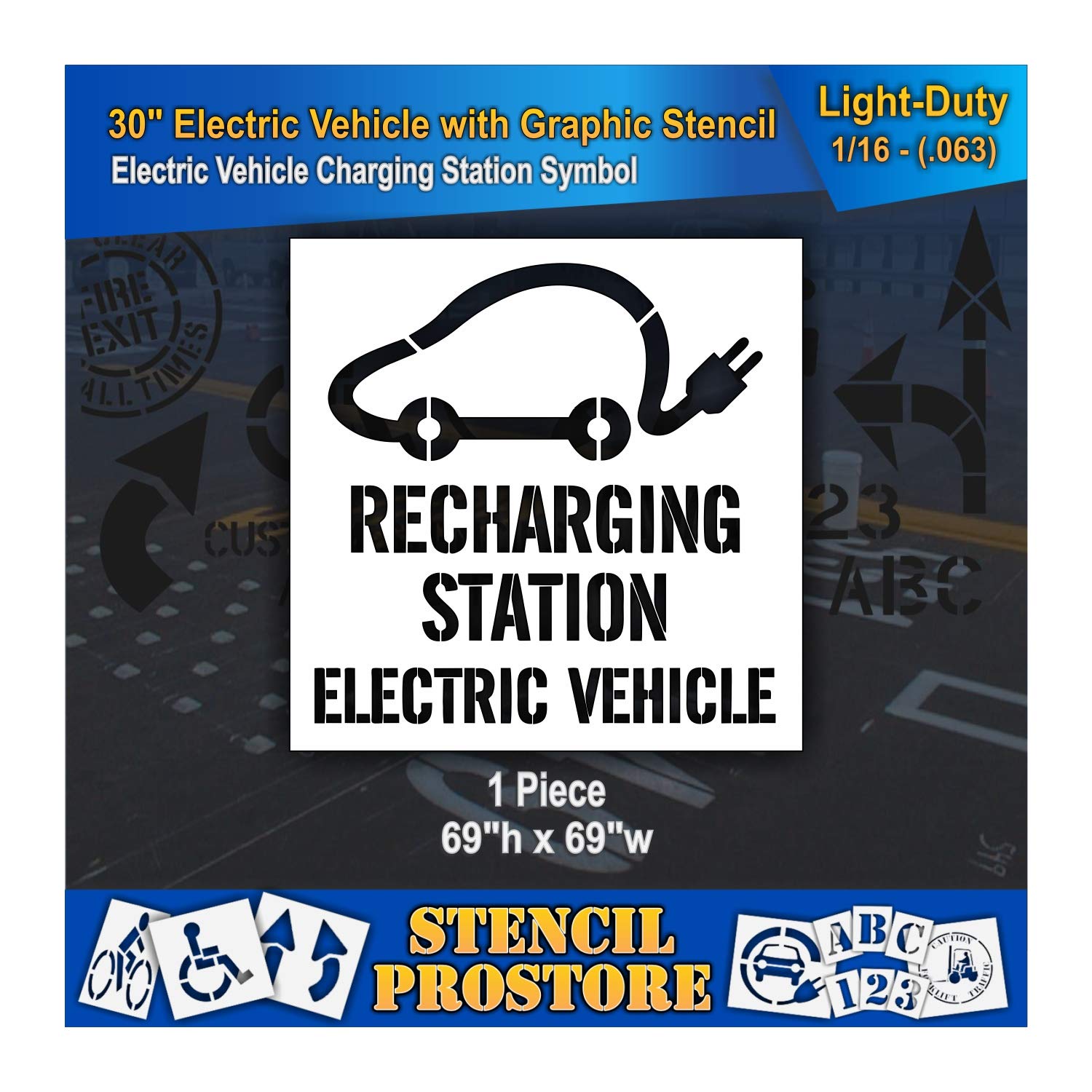 Electric Car Parking Stencil - 30 Inch EV Outline with Recharging Station Design - 69'' x 69'' x 1/16