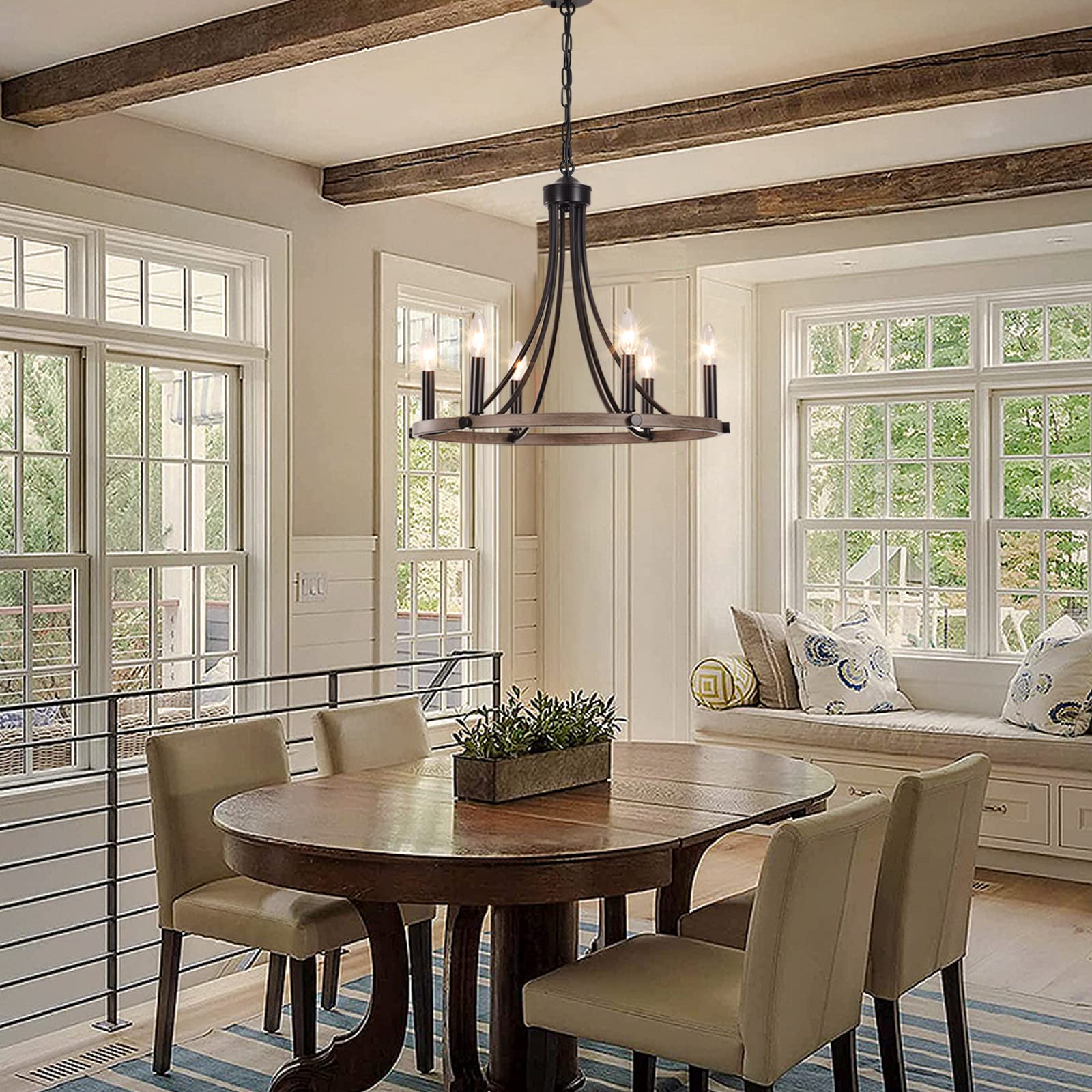 Black Farmhouse Wagon Wheel Chandelier - 6-Light Rustic Round Pendant Light for Dining Room, Kitchen Island, Foyer & Hallway | Perfect for Country Home Decor & Western Style Interiors