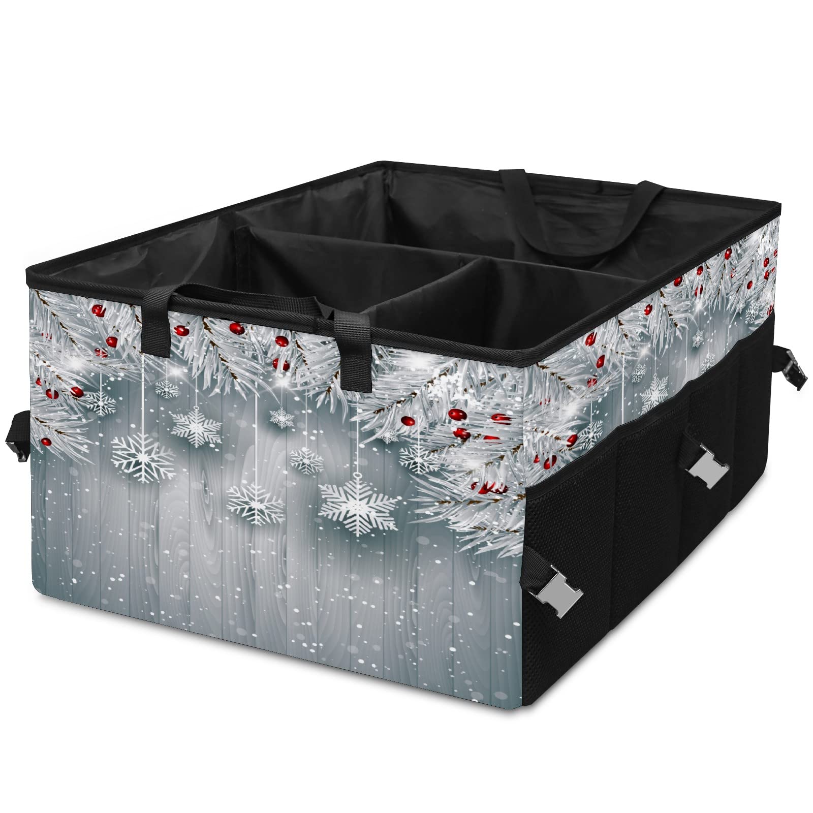 Auto Trunk Organizer - Hanging Snowflakes Silver Christmas Tree Back Seat Storage Bag with Dividers for SUV | Collapsible Multipurpose Car Trunk Cargo Grocery Basket | Perfect for Holiday Travel, Grocery Shopping & Car Organization Accessories