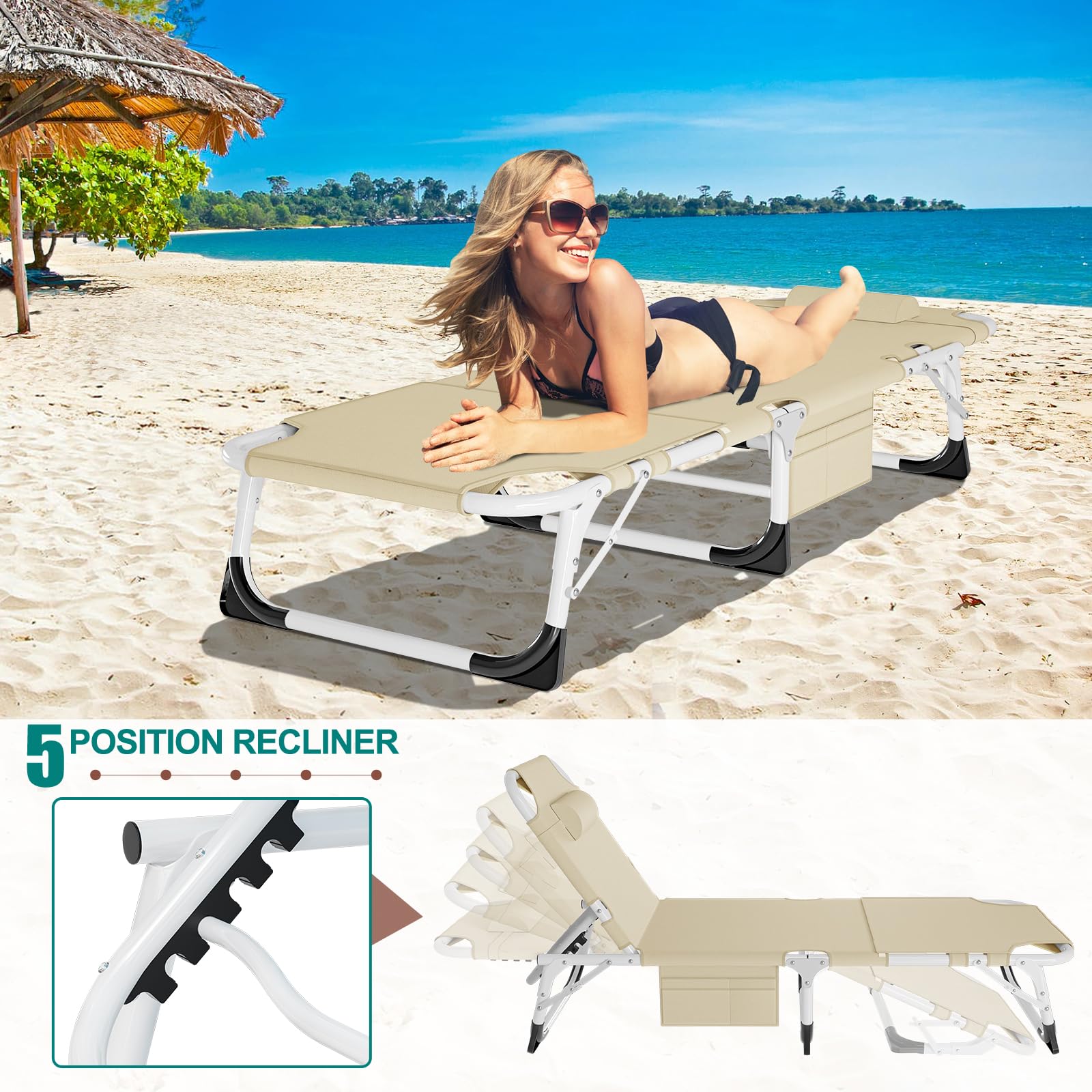 Premium Heavy Duty Tanning Chair with Face Hole - Adjustable 5-Position Folding Chaise Lounge for Outdoor Sunbathing | Portable Lay Flat Beach Chair for Pool, Lawn, Camping & Backyard Relaxation | Perfect for Beach Vacations, Backyard Lounging and Summer Outdoor Activities