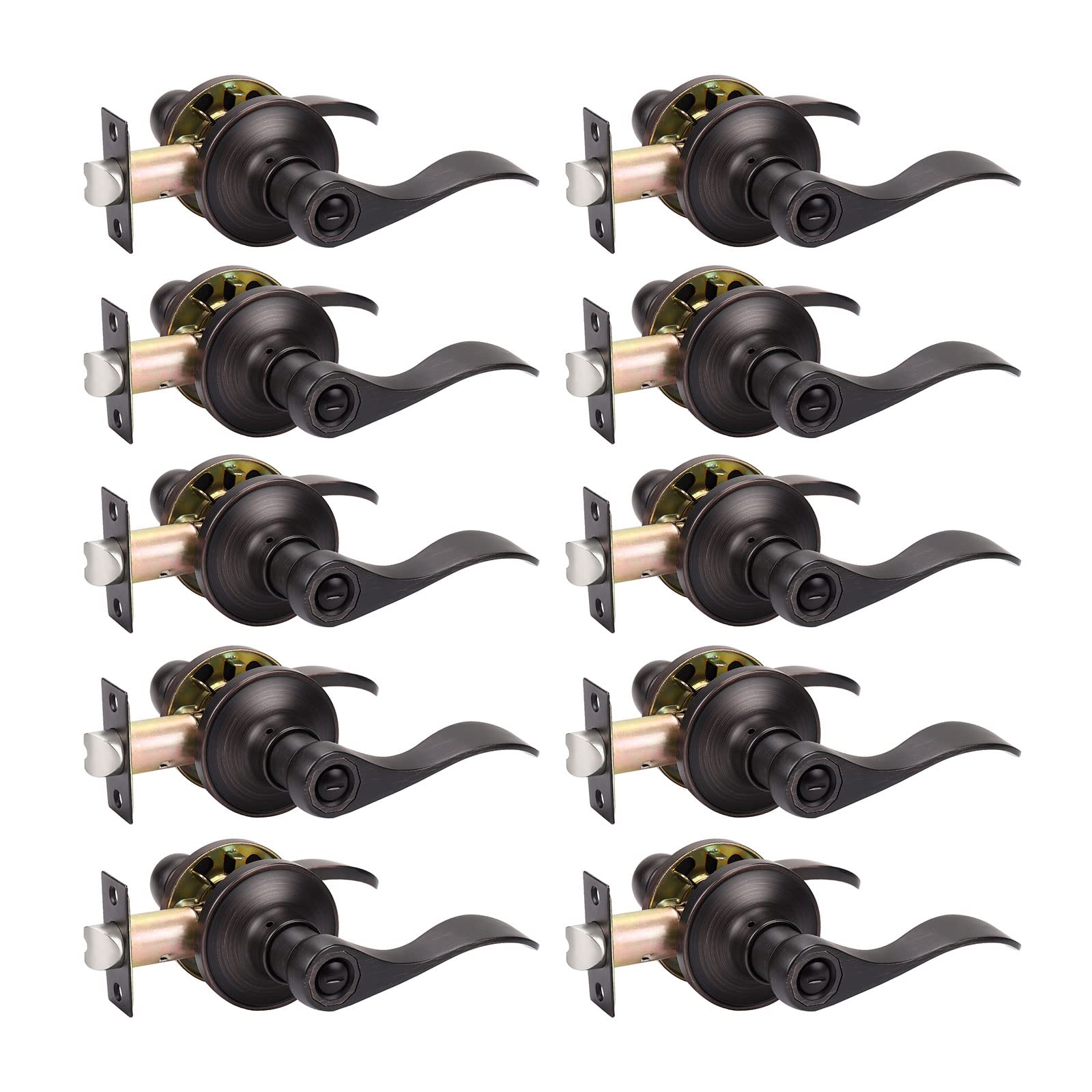 KNOBWELL 10 Pack Bronze Privacy Door Knobs - Interior Door Handles for Bathroom & Bedroom - Keyless Door Levers for Left or Right Hand - Perfect for Home, Office & Commercial Spaces