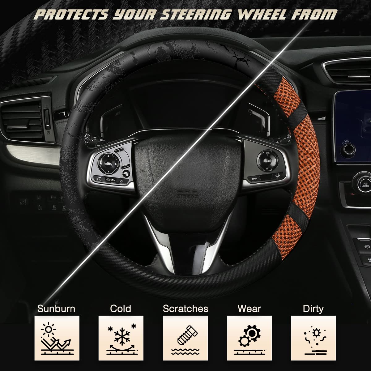BOKIN Carbon Fiber Steering Wheel Cover - Universal 14.5-15 Inch Car Steering Wheel Protector | Microfiber Leather with Breathable Ice Silk Technology | Keeps Cool in Summer & Warm in Winter | Carbon Fiber Orange Design | Perfect for Daily Commuting, Road Trips & Performance Driving