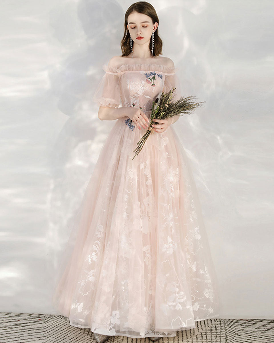 Elegant Pink Tulle Lace Off-Shoulder Long Prom Dress for Women - Romantic Evening Gown for Formal Events, Homecoming, Wedding Guest & Special Occasions