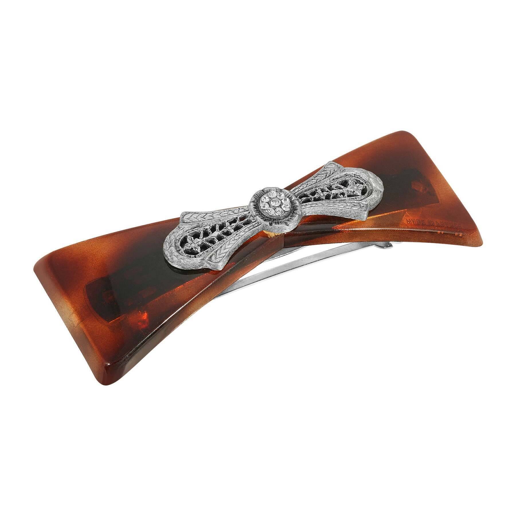 Vintage 1928 Brown Tortoise Shell Filigree Hair Barrette with Crystal Accents - Perfect for Weddings, Parties & Everyday Elegance