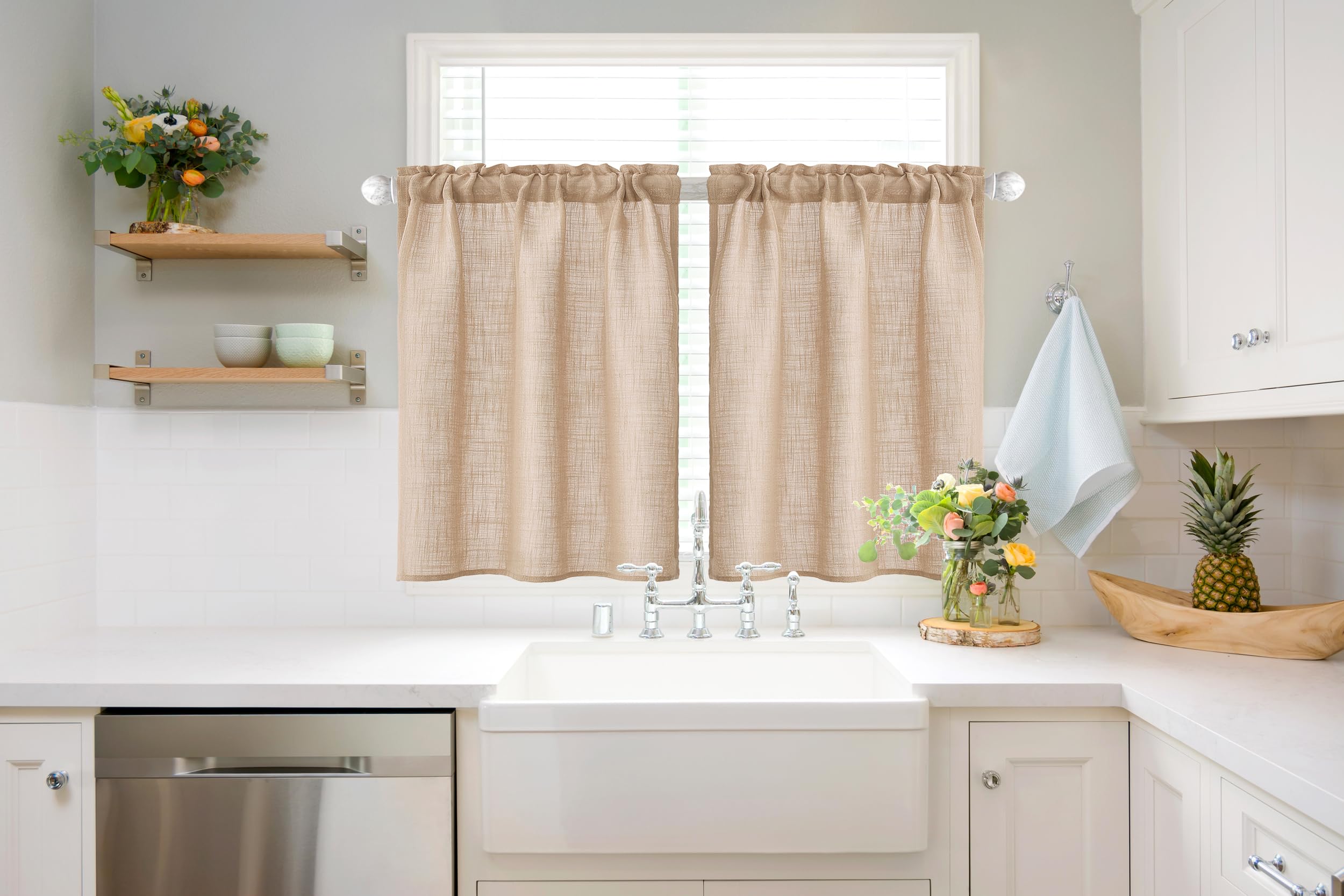 MIULEE 24 Inch Cafe Curtains - Farmhouse Style Semi-Sheer Linen Tier Curtains for Small Windows (2 Panels, W26