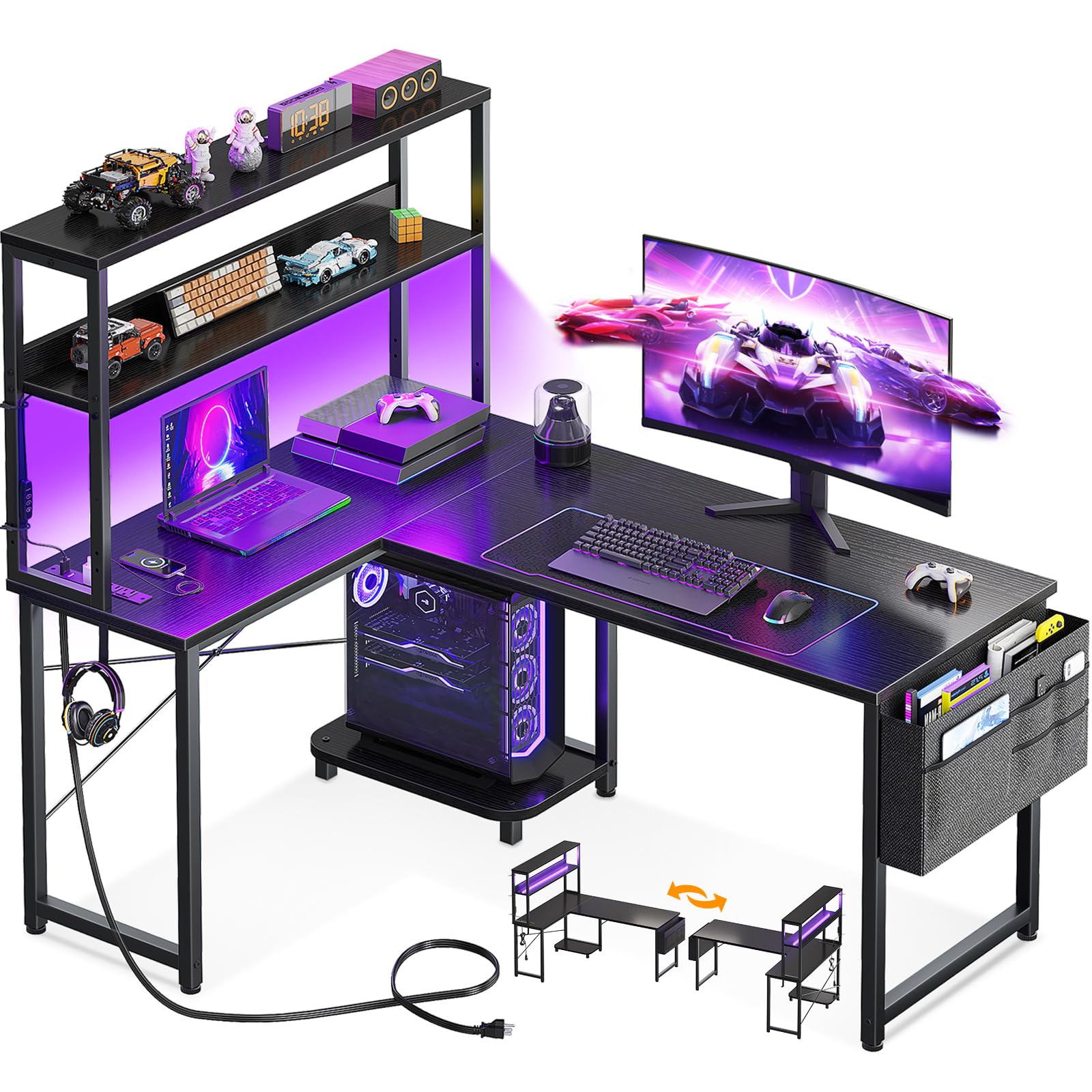 AODK 43 Inch L-Shaped Gaming Desk with LED Lights & Power Outlet - Reversible Corner Computer Desk with Storage Shelf, Bag & Hook - Ergonomic Home Office & Gaming Workstation (Black) - Perfect for Small Spaces, Streaming Setup & Multi-Monitor Workstations