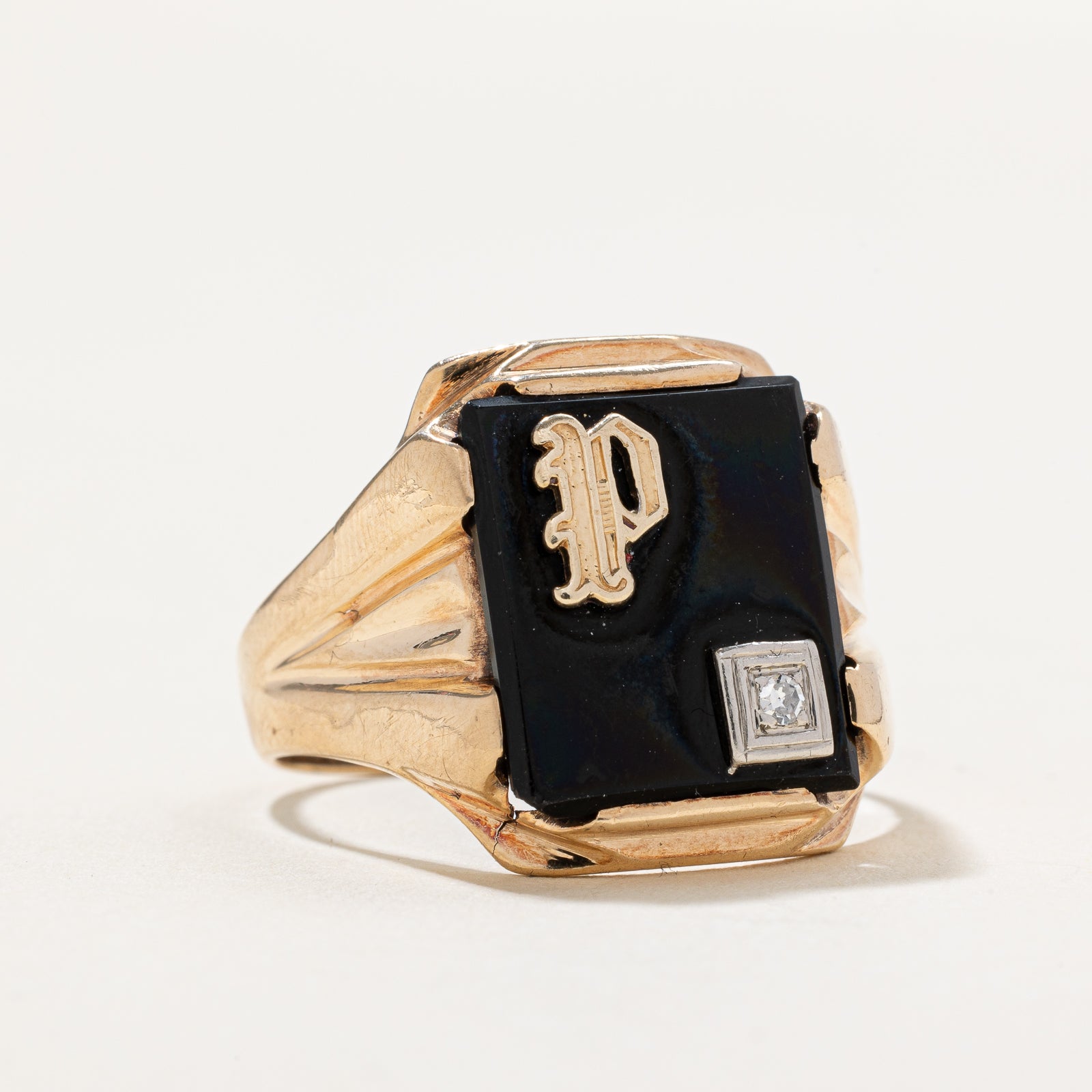 Onyx & Diamond 'P' Initial Signet Ring for Men - 6.00ct Black Onyx & 0.02ct Diamond | Size 9.75 | Elegant Personalized Jewelry Gift for Birthday, Anniversary & Special Occasions