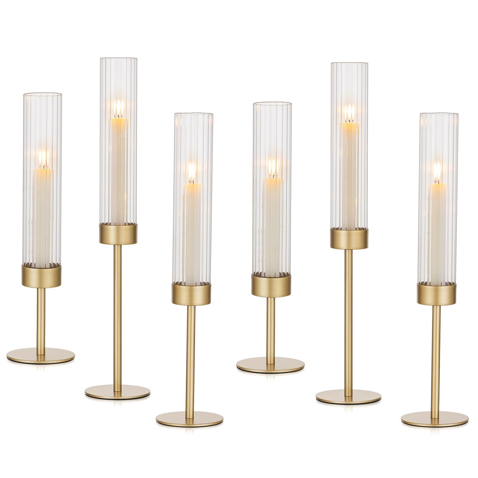 Hewory Gold Hurricane Candle Holders Set of 6 - Elegant Brass Taper Candlestick Holders for Table Centerpiece, Wedding, Party & Christmas Decor - Perfect for Dining Room, Mantel, and Holiday Home Decor