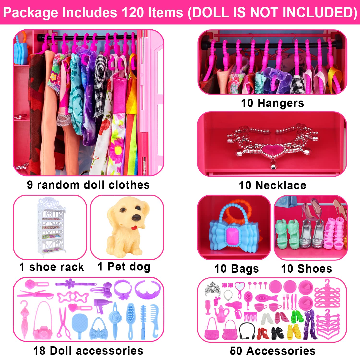 Ecore Fun 120 Pcs Fashion Doll Wardrobe Set - Doll Clothes Storage Organizer with Dresses, Shoes, Bags, Necklace & Hangers for 11.5 Inch Girl Dolls - Perfect for Pretend Play, Birthday Gifts & Kids Room Decor