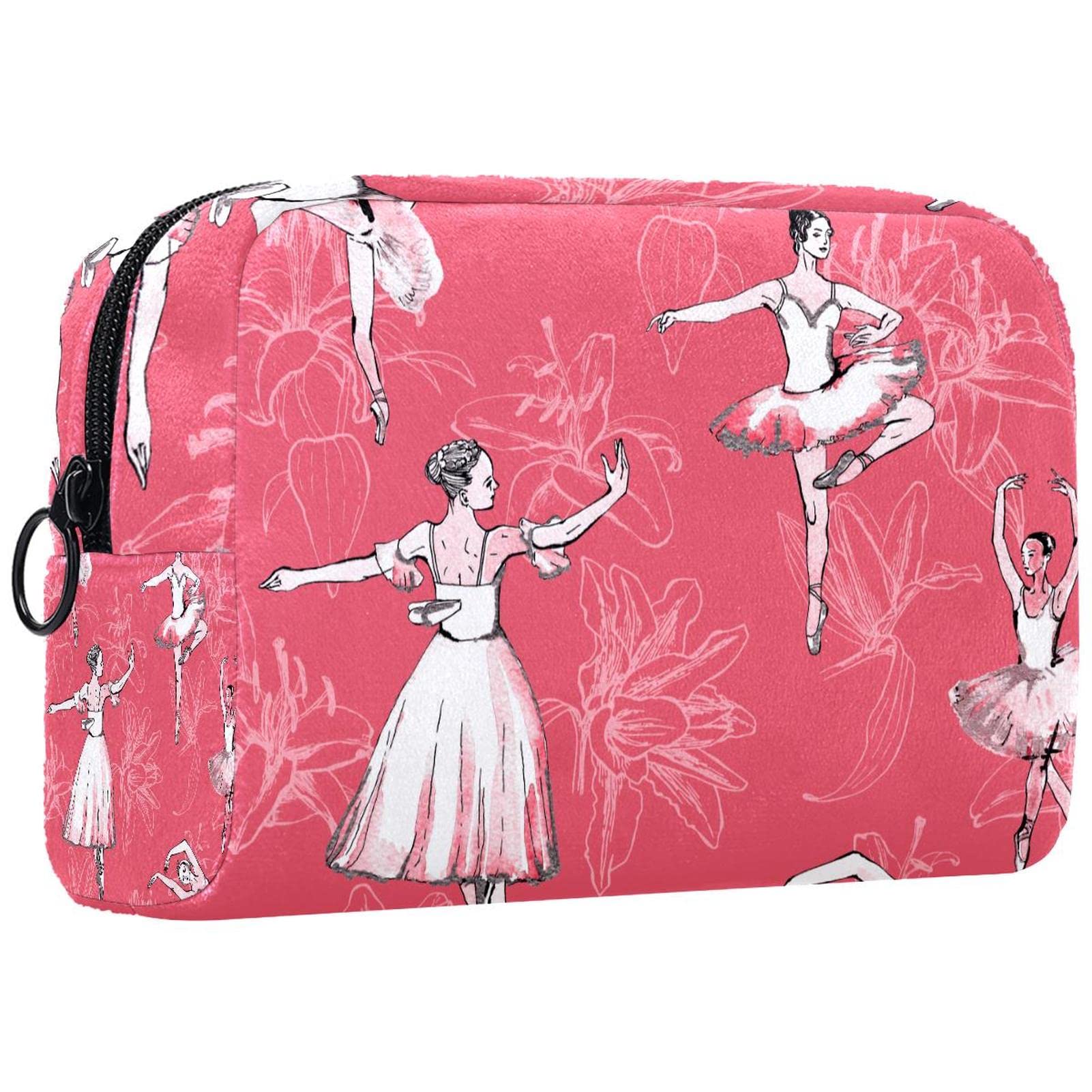 Elegant Small Makeup Bag for Women - Floral Ballet Dancer Printed Travel Cosmetic Pouch - Perfect for Dance Classes, Gym, Travel & Daily Organization
