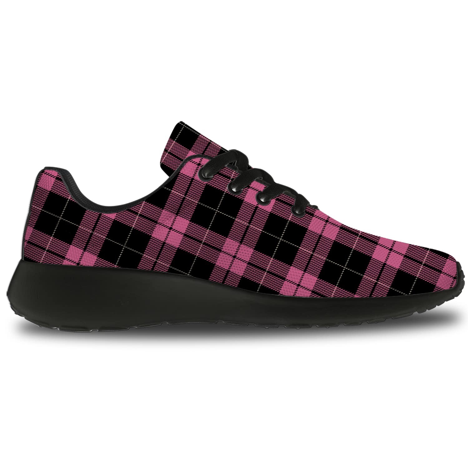 Men's & Women's Plaid Running Shoes - Buffalo Black Pink Tartan Check Sneakers for Walking, Tennis & Casual Wear - Size 10.5 Men/12 Women (Black & Pink) - Perfect Gifts for Boys & Girls - Ideal for Jogging, Gym Workouts & Everyday Fashion