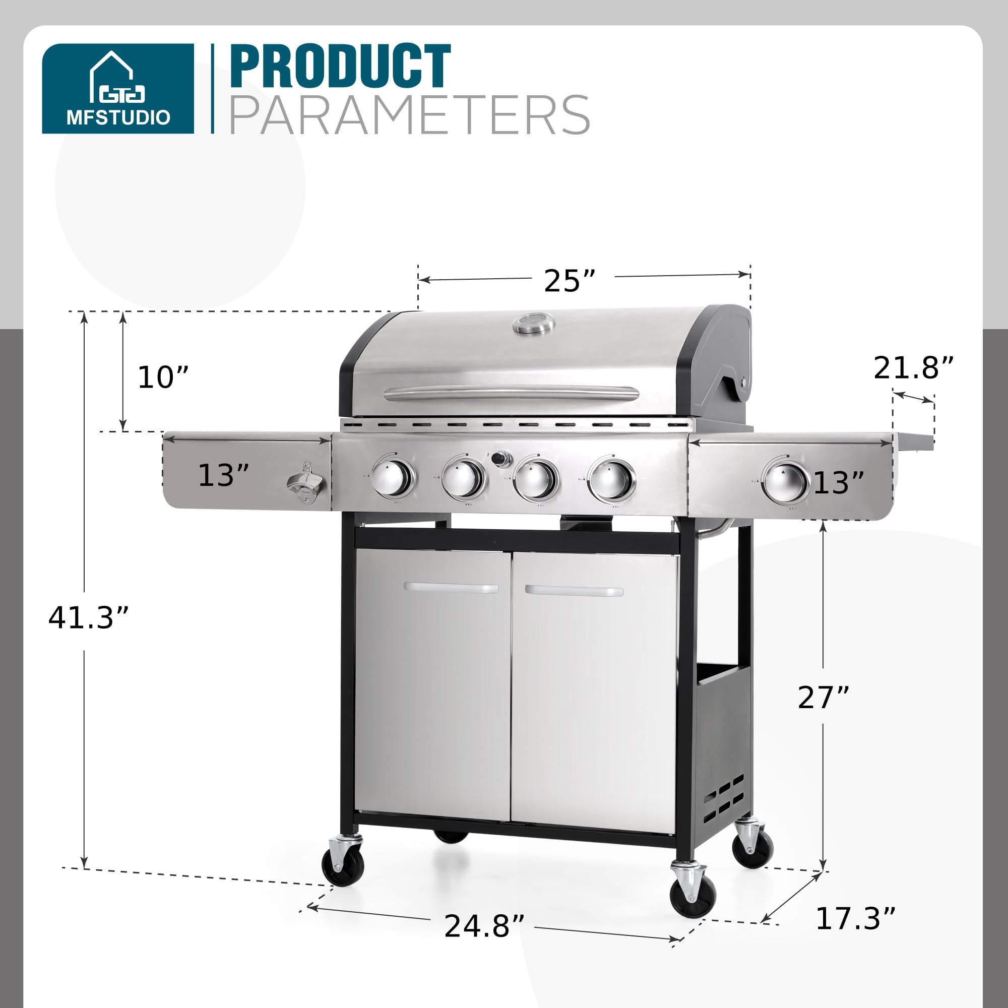 MFSTUDIO 4-Burner Propane Gas Grill - Stainless Steel BBQ Grill with Side Burner & Porcelain-Enameled Cast Iron Grates - High Heat Output for Outdoor Cooking, Backyard Parties, Camping & Tailgating