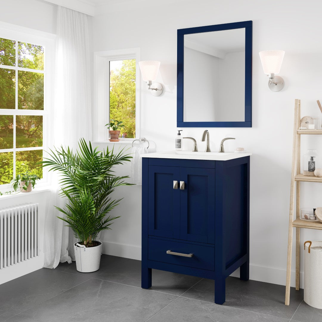 Aberdeen 24 Inch Blue Bathroom Vanity with Carrara Quartz Countertop & Undermount Porcelain Sink - Modern Single Sink Vanity for Small Bathrooms, Powder Rooms & Guest Baths