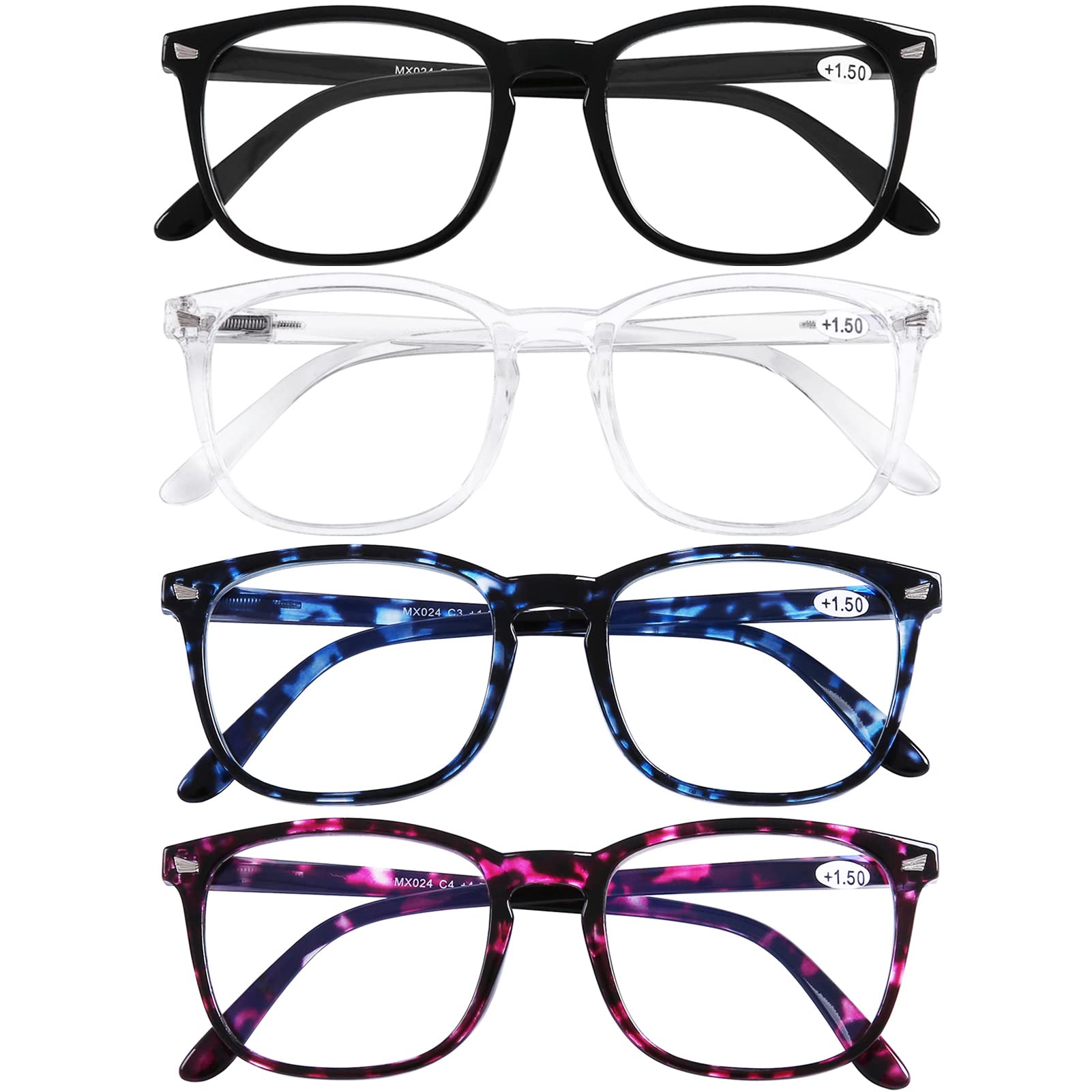 DOOViC 4 Pack Blue Light Blocking Reading Glasses for Women - Anti Eye Strain Computer Glasses with UV Protection (0.0 Strength) - Perfect for Office Work, Online Shopping & Nighttime Screen Use