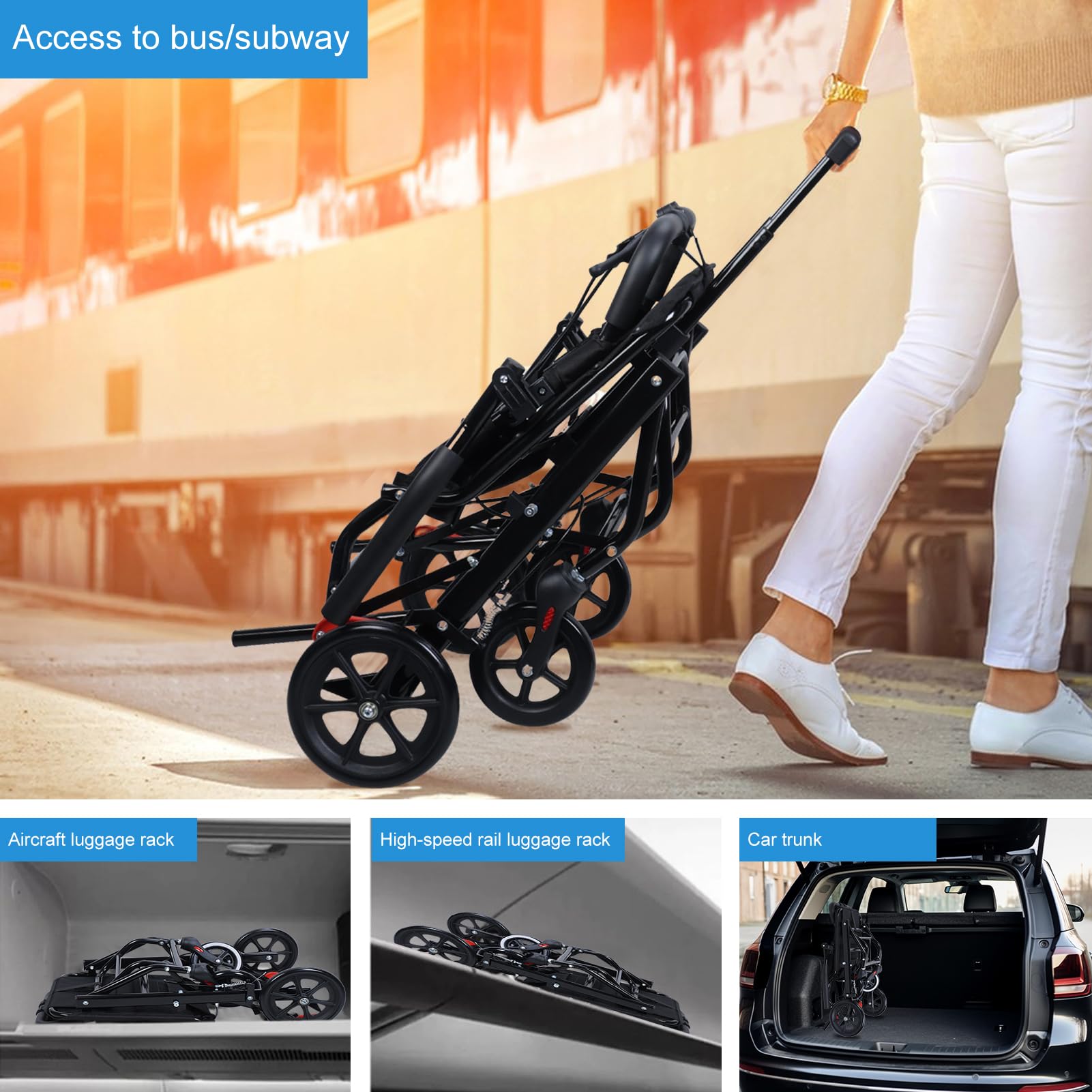 Lightweight Portable Folding Wheelchair for Adults & Elderly - Compact Travel Transport Chair with Easy Fold Design (Black) - Ideal for Air Travel, Shopping & Outdoor Activities