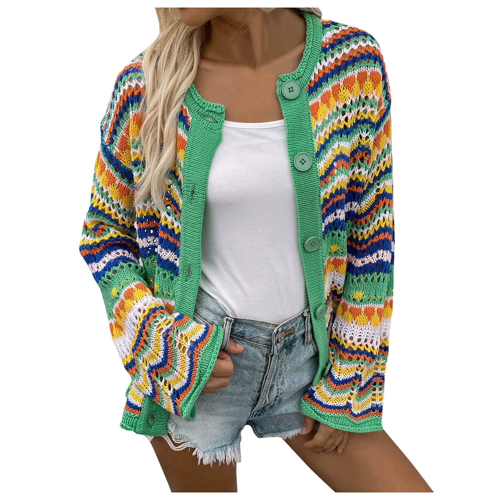 Women's Striped Loose Knit Sweater - Rainbow Color Button Cardigan for Casual Wear & Layering | Perfect for Fall, Winter & Office Outfits