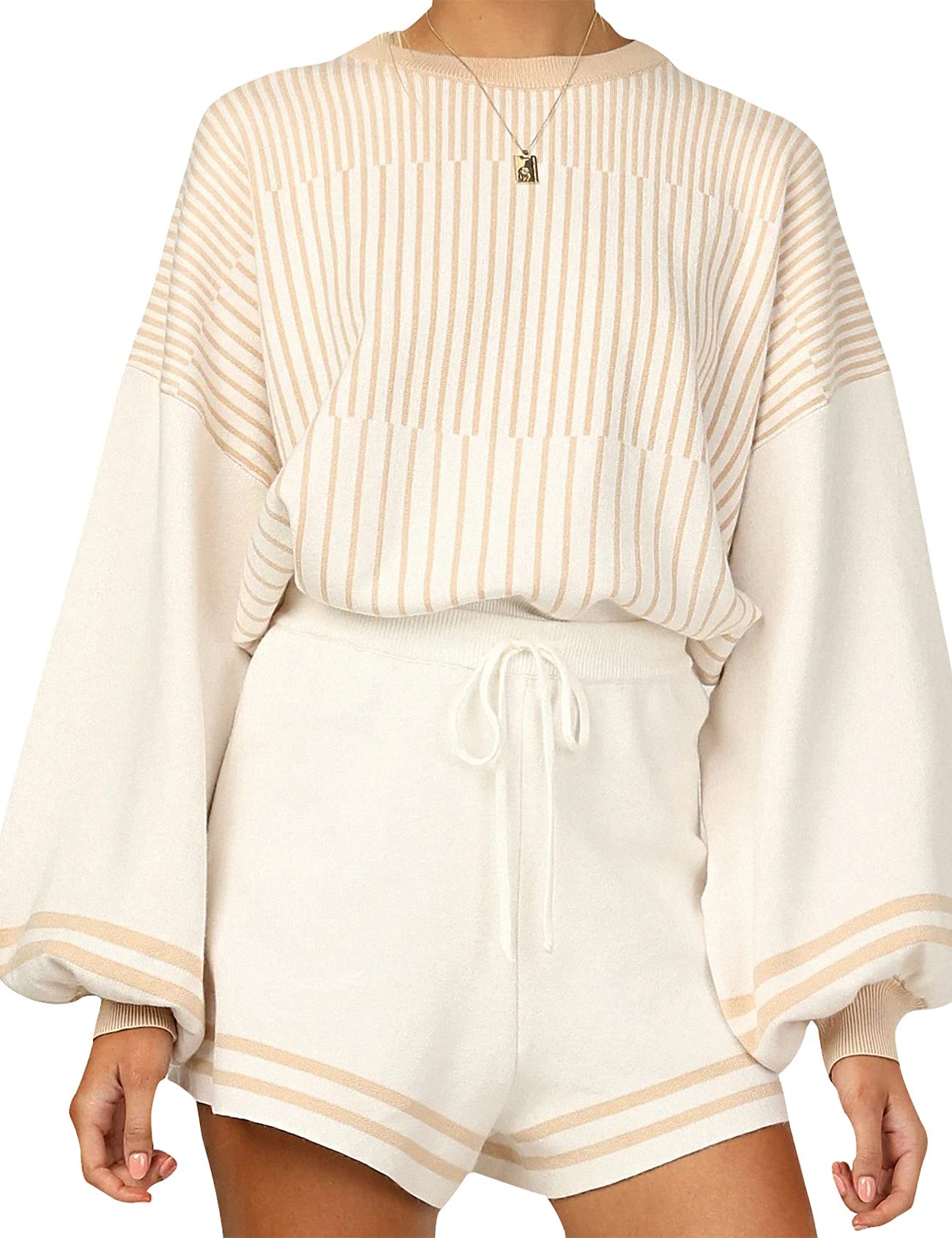UANEO Women's 2-Piece Striped Knit Sweater and Shorts Lounge Set - Cozy Outfit for Home, Casual Wear & Relaxation