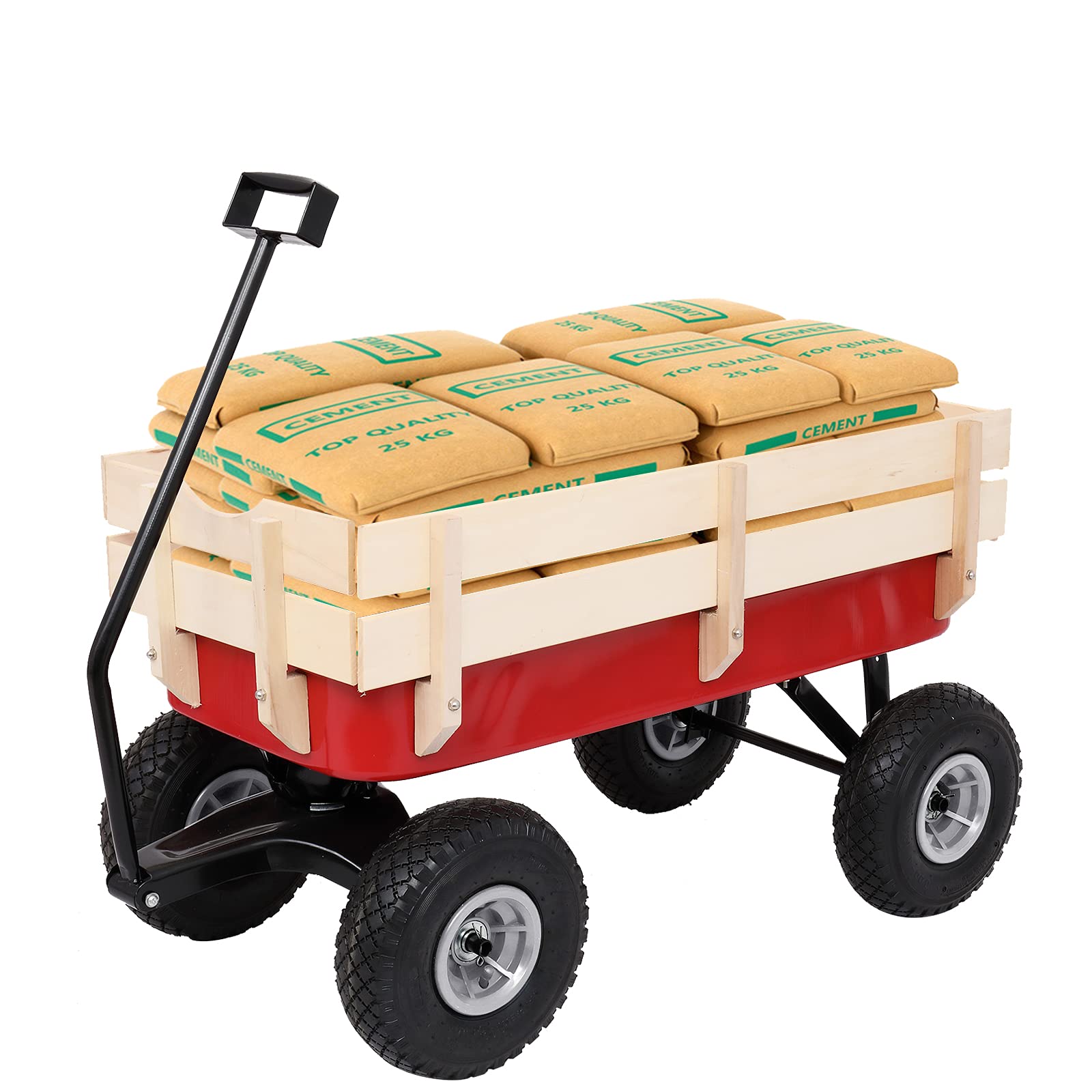 VINGLI All Terrain Deck Wagon with Wood Railing - Heavy Duty Outdoor Garden Utility Cart with 10