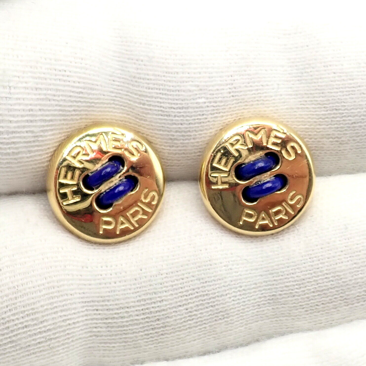 Vintage Authentic Hermes Paris 18k Yellow Gold Men's Lapis Button Cufflinks - Luxury Collectible Jewelry for Formal Events & Gifts