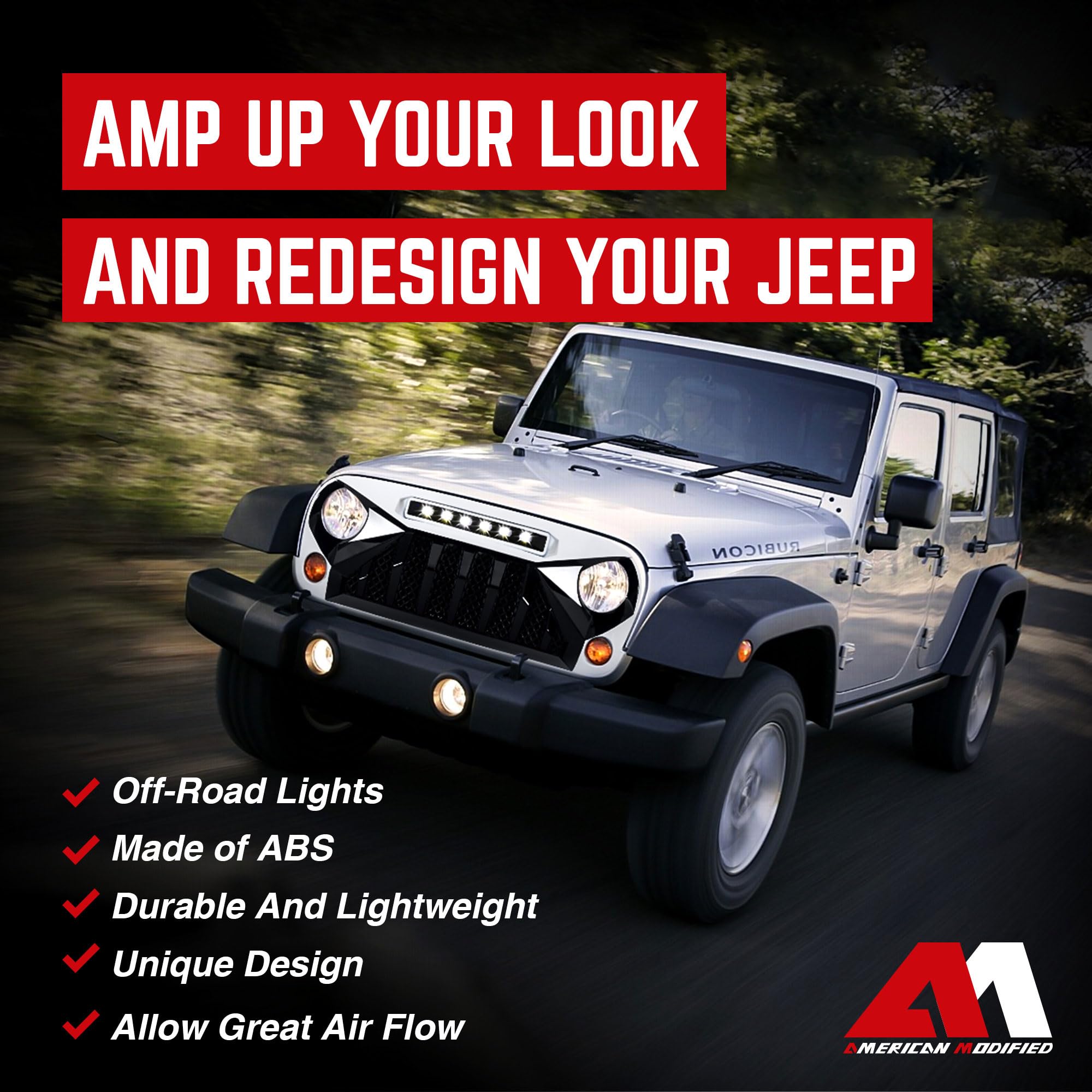 Black & White ABS Plastic Front Gladiator Grille with LED Off-Road Lights for 2007-2018 Jeep Wrangler JK - Durable Aftermarket Replacement for Off-Roading & Adventure