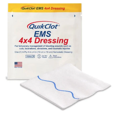 QuikClot EMS 4x4 Hemostatic Dressing 10cm x 10cm - First Aid for Bleeding Control in Emergencies, Trauma Kits & Outdoor Adventures