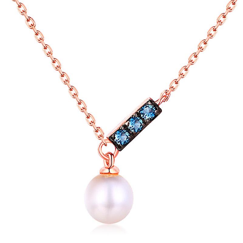 Dainty Pearl Pendant Necklace - Minimalist 9K/14K/18K Rose Gold Art Deco London Blue Topaz Pendant - Elegant Anniversary Gift for Mom - Perfect for Weddings, Parties & Special Occasions