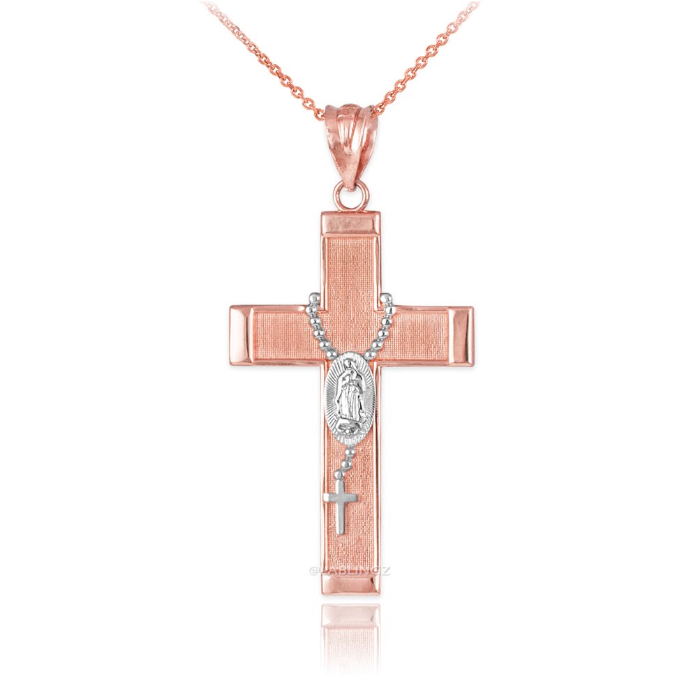 10K Two-Tone Rose Gold Latin Cross Guadalupe Rosary Necklace - Religious Jewelry for Women, Catholic Gifts, Baptism & First Communion Accessories