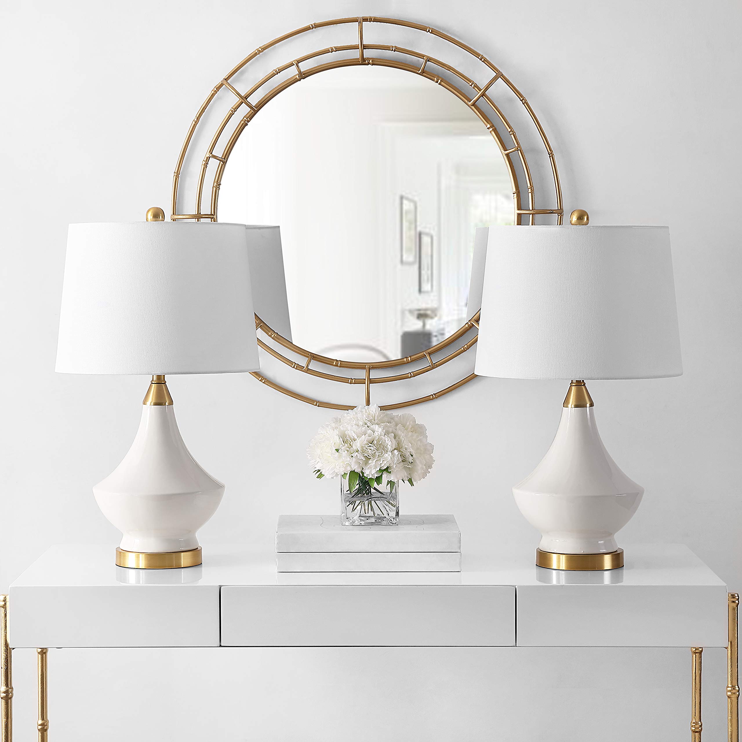 SAFAVIEH Marlowe Modern White Glass 25-inch Table Lamp Set of 2 with LED Bulbs - Bedroom Nightstand, Living Room, Home Office Lighting for Cozy Ambiance and Stylish Decor