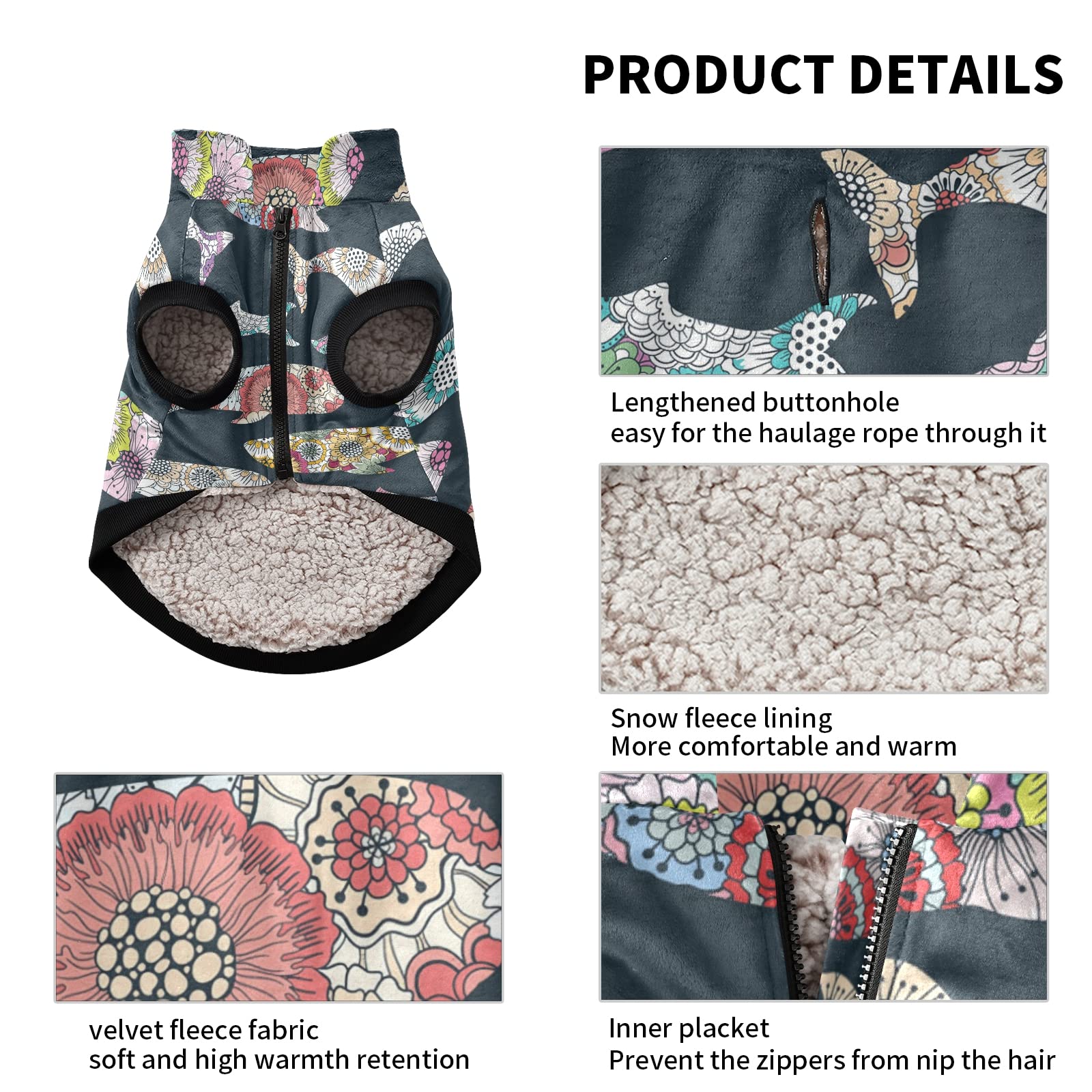 Floral Whales Dog Winter Coat - Warm Windproof Cozy Jacket for Small Medium Large Dogs | Pet Clothes for Cold Weather, Outdoor Walks & Winter Adventures