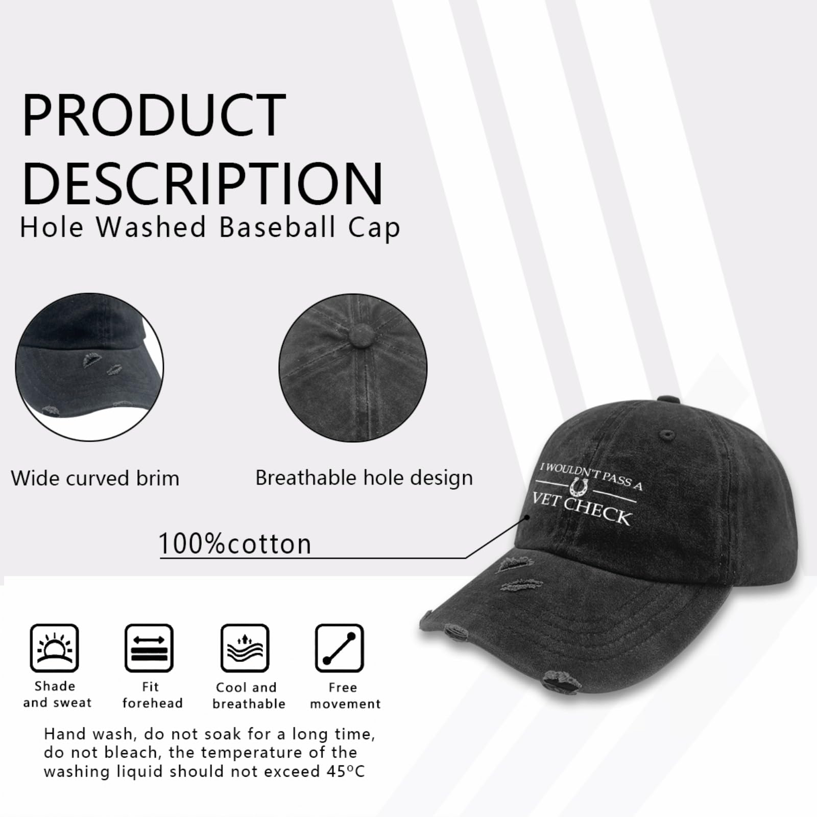 Trendy Washed Equestrian Horse Baseball Cap for Men - Vet Check Inspired Running Hat for Horseback Riding & Outdoor Activities