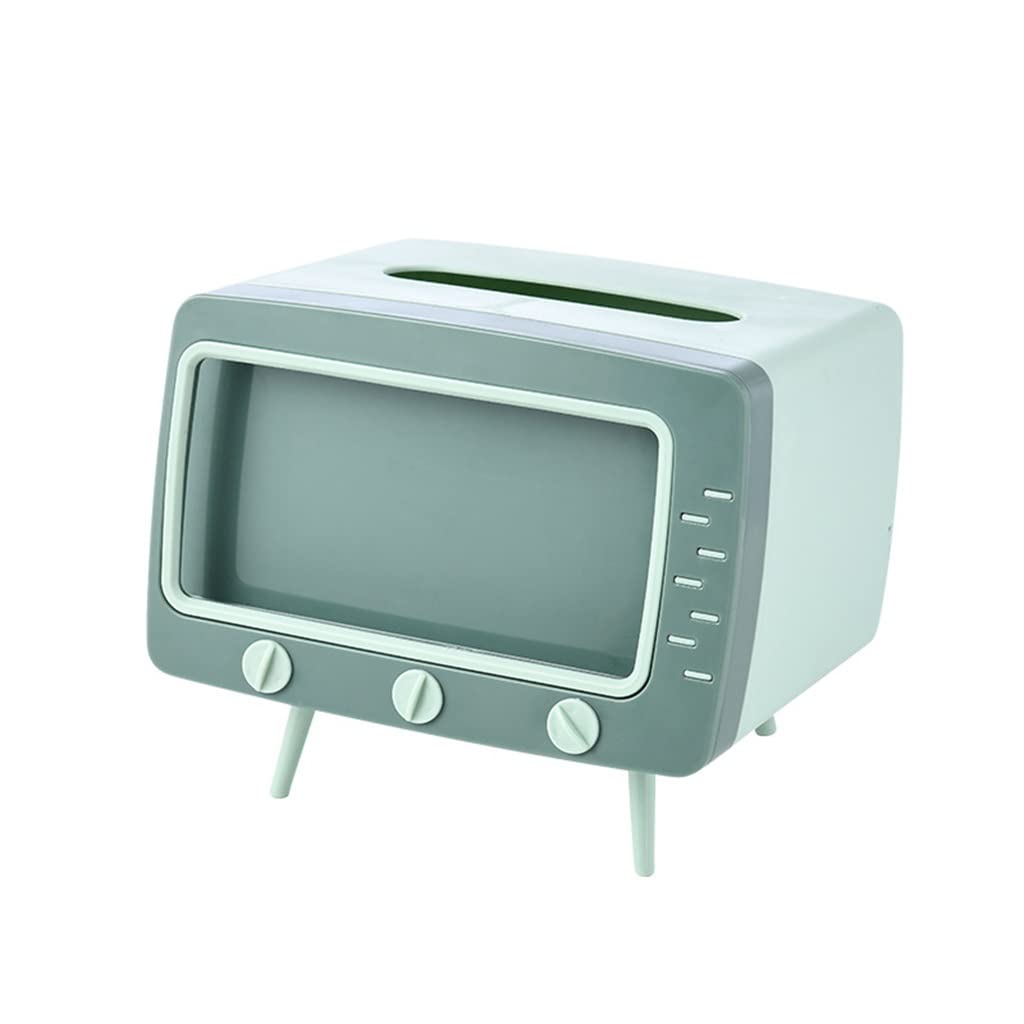 Green TV Tissue Box with Phone Holder - 18.5x16x14.5cm Desktop Paper Napkin Dispenser Storage Organizer for Living Room, Bedroom & Office
