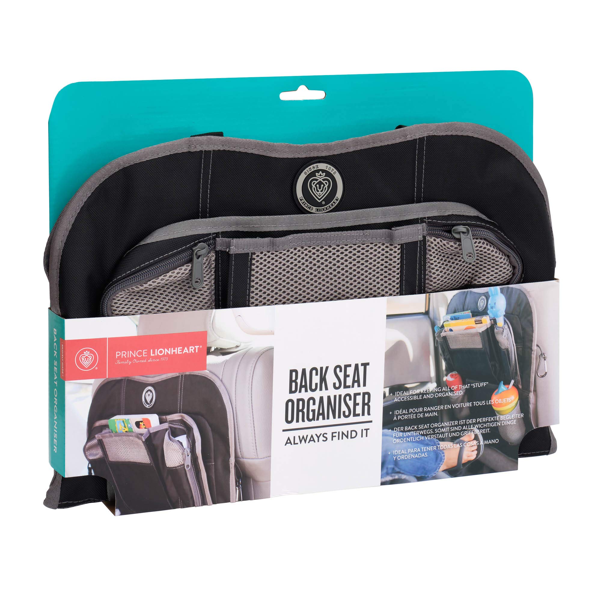 Prince Lionheart Backseat Organizer for Car - Black | Car Seat Organizer with Multiple Pockets | Perfect for Road Trips, Family Travel & Kids Toys Storage