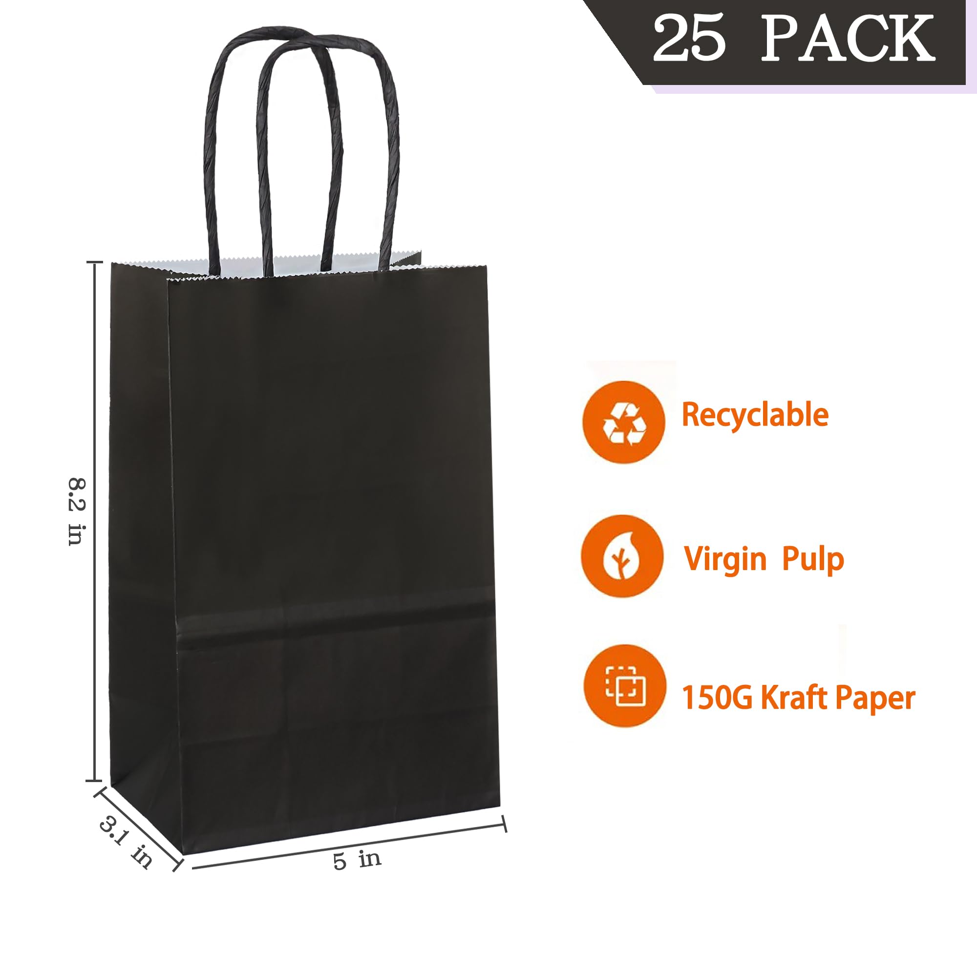 Premium Black Kraft Paper Gift Bags with Handles - 5x3.1x8.2 Inches (25 Count) - Eco-Friendly Party Favor Bags for Weddings, Birthdays & Holiday Gifts