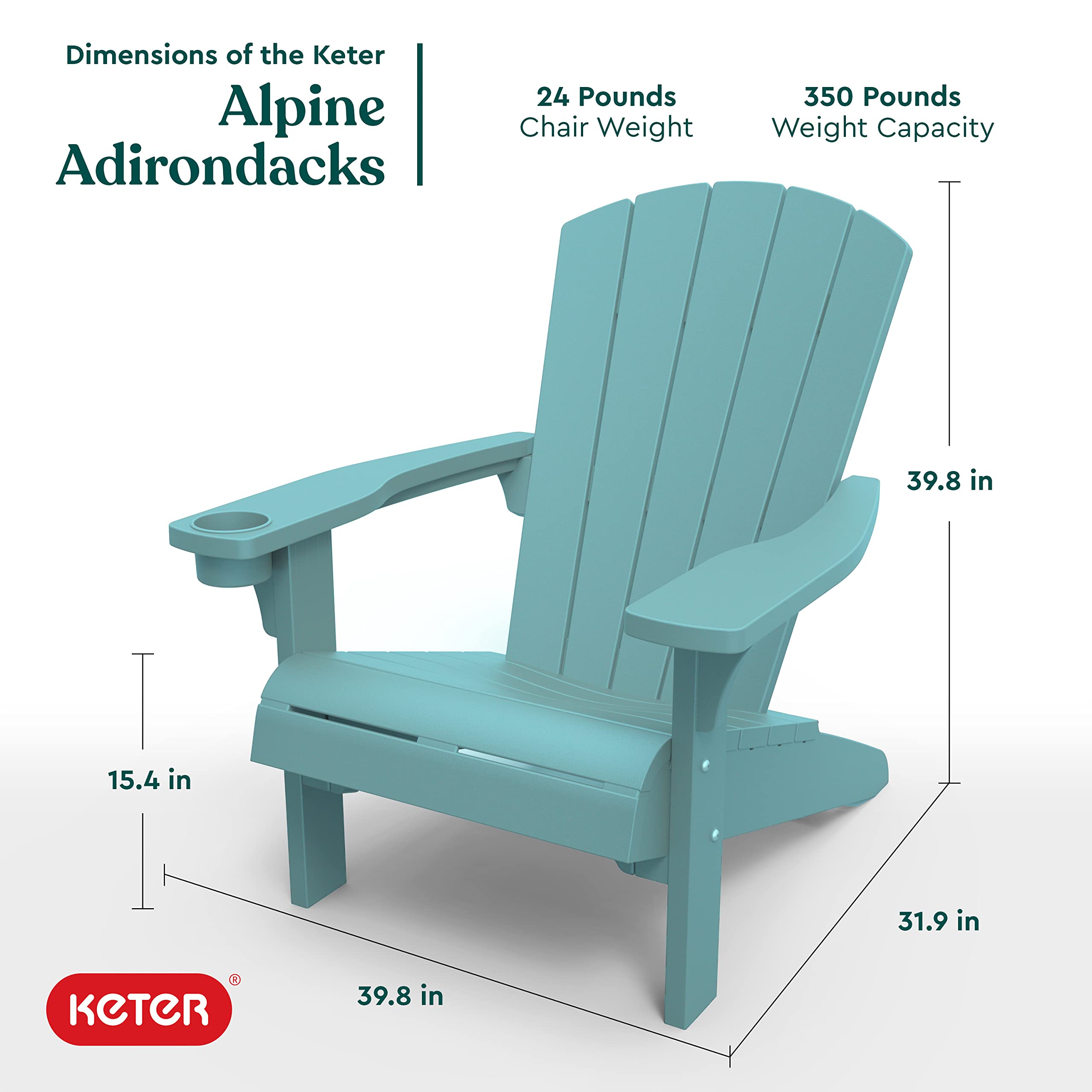 Keter Alpine Adirondack 2-Pack Resin Outdoor Patio Chairs with Cup Holder - Weather-Resistant Teal Plastic Garden Furniture for Beach, Poolside, Fire Pit & Backyard Relaxation
