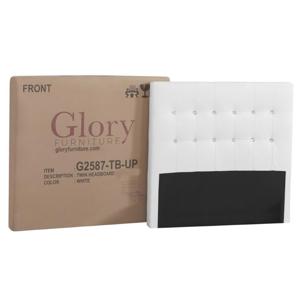 Glory Furniture White Diamond Faux Leather Upholstered Twin Bed Frame - Modern Luxury Bedroom Furniture for Kids, Teens & Guest Rooms | Perfect for Small Spaces & Dorm Decor