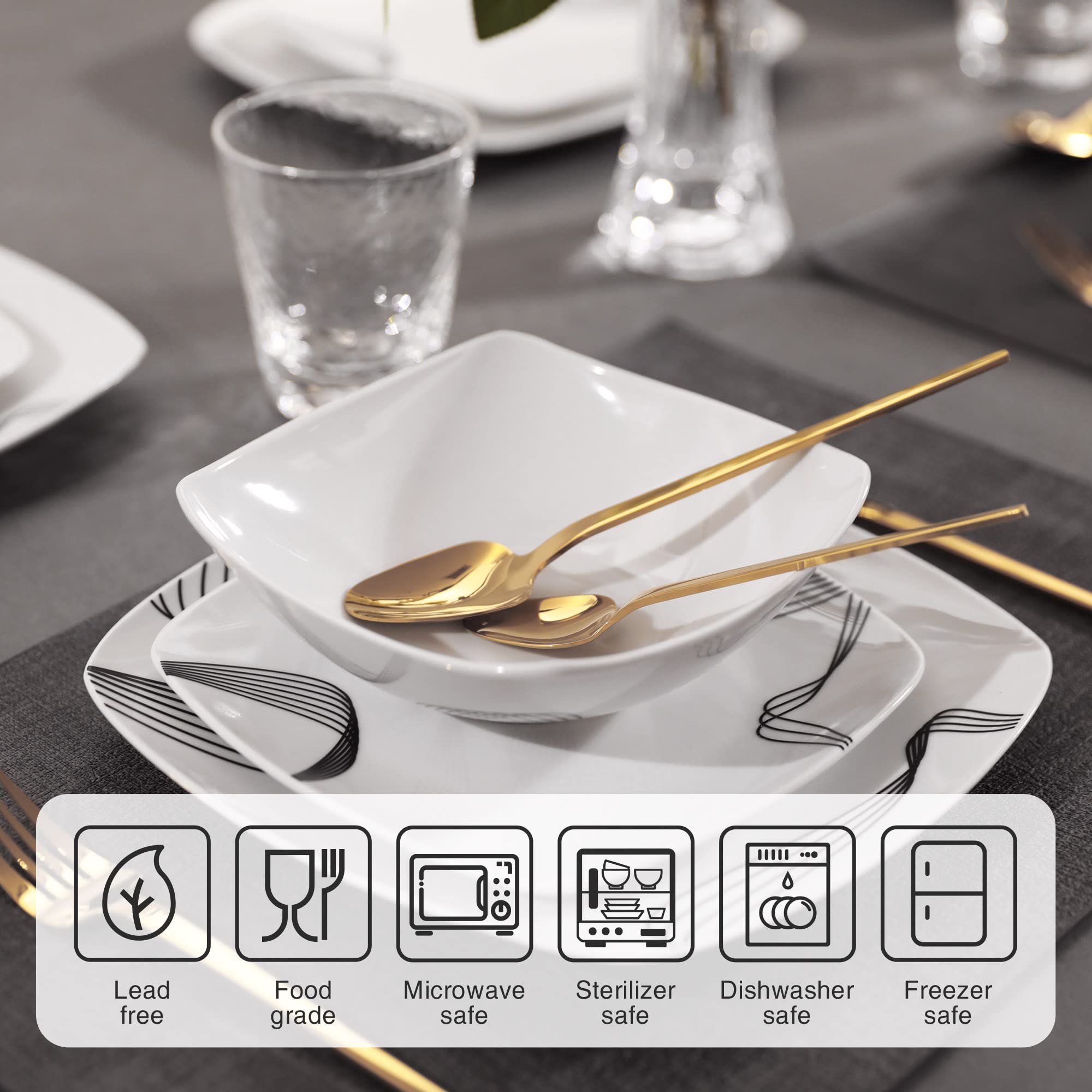 18-Piece Square Porcelain Dinnerware Set for 6 - Modern Ceramic Plates & Bowls - Dishwasher & Microwave Safe - Minimalist Line Spectrum Design - Perfect for Everyday Dining, Dinner Parties & Restaurant Use