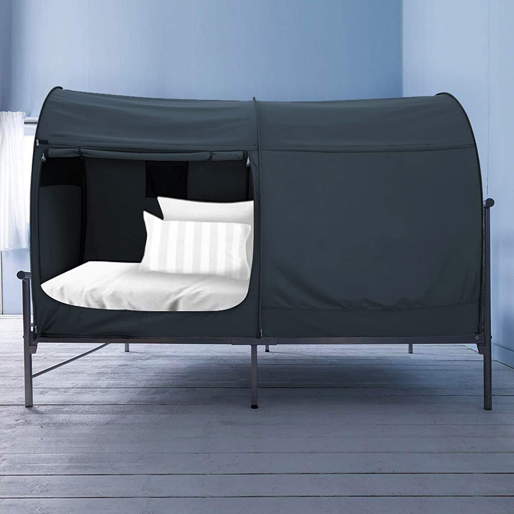 Alvantor Twin Size Bed Canopy Tent - Breathable Grey Privacy Bed Tent for Indoor Use, Portable Pop Up Frame with Curtains, Light Reducing Sleeping Space (Mattress Not Included) - Perfect for Kids Rooms, Dorm Rooms & Cozy Cottage Decor