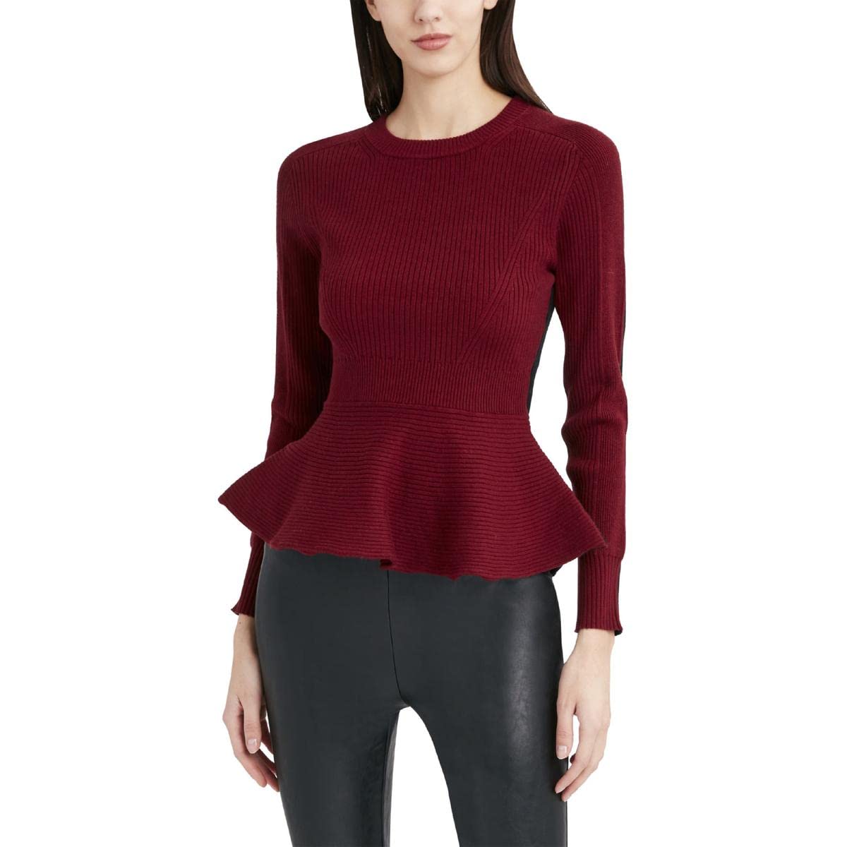 BCBGMAXAZRIA Women's Long Sleeve Peplum Sweater - Soft Knit Tunic Top for Fall & Winter - Perfect for Office, Date Night & Holiday Parties