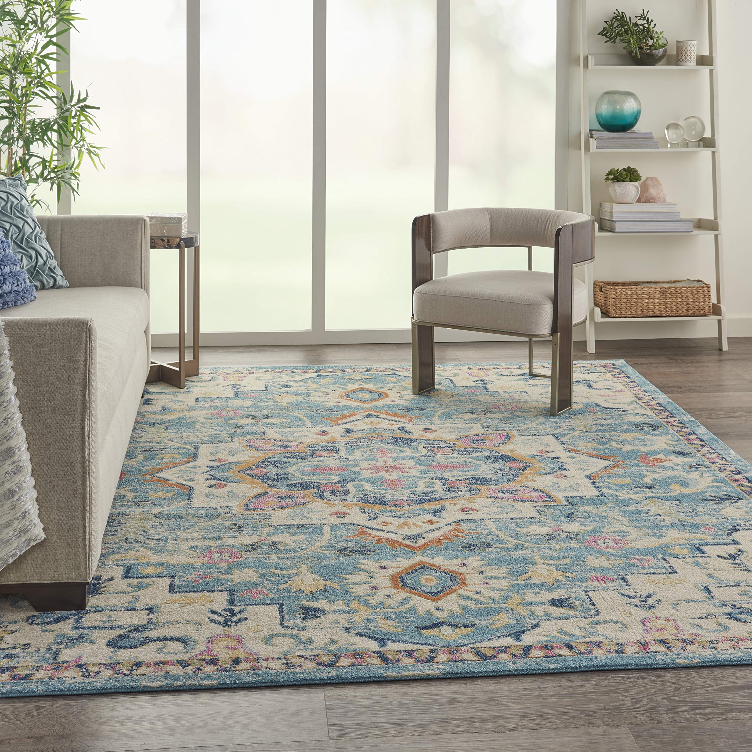 Nourison Passion Ivory/Light Blue 8' x 10' Area Rug - Farmhouse & Transitional Style, Non-Shedding & Easy to Clean - Perfect for Bedroom, Living Room, Dining Room & Kitchen Decor
