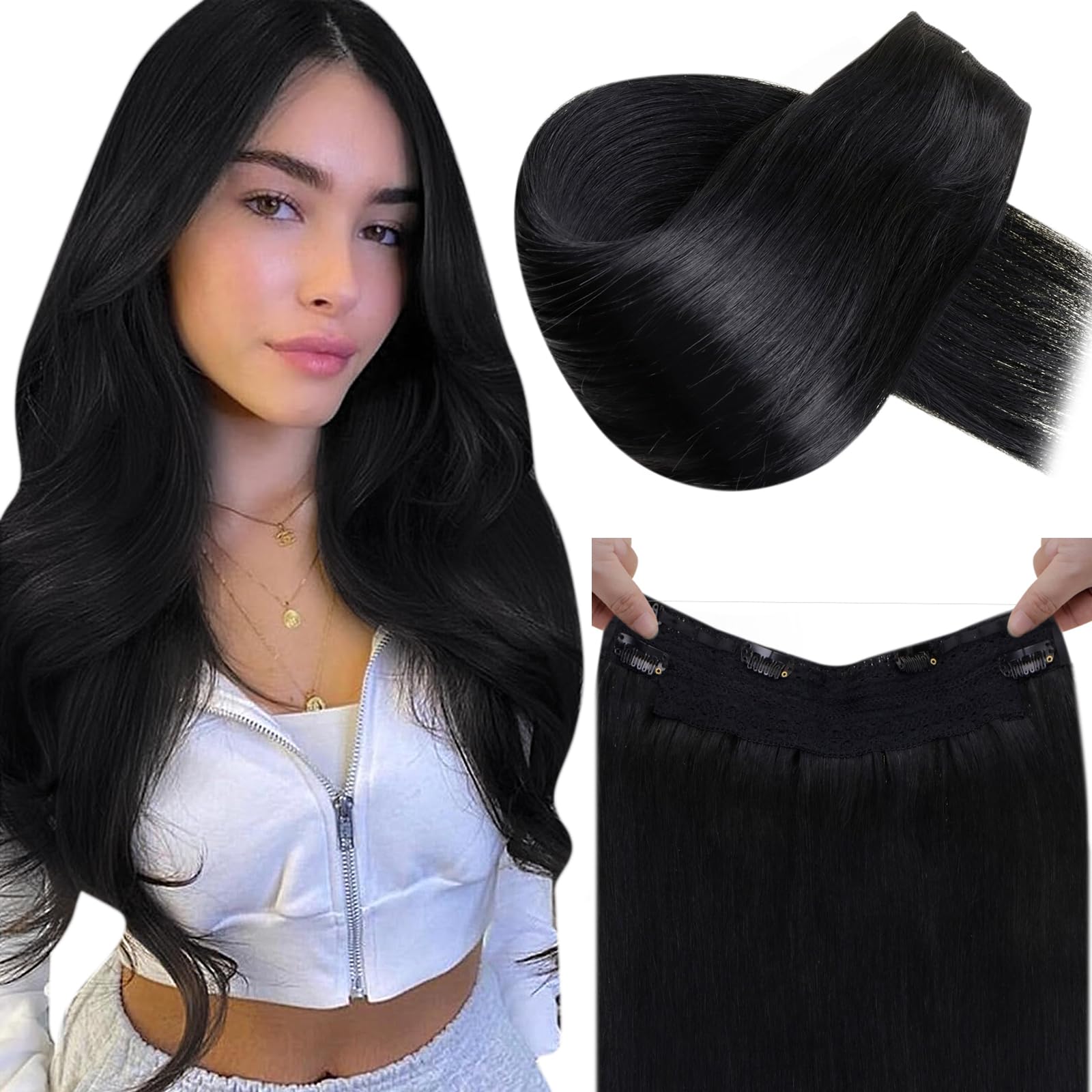 LaaVoo 20 Inch Human Hair Extensions - 100g Natural Black Invisible Wire Hair Extensions for Women | Real Human Hair for Volume & Length | Perfect for Daily Wear, Parties & Special Occasions