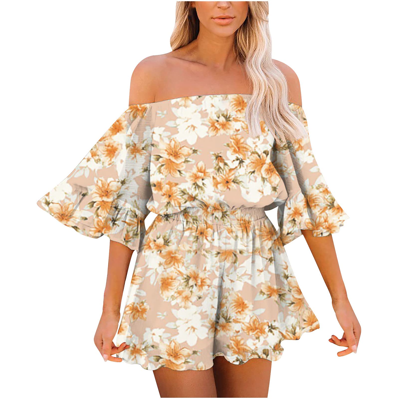 Posijego Women's Half Short Sleeve Chiffon One Shoulder Graphic Romper Jumpsuit | Summer Casual Outfit | Beachwear, Party Dress & Vacation Clothing