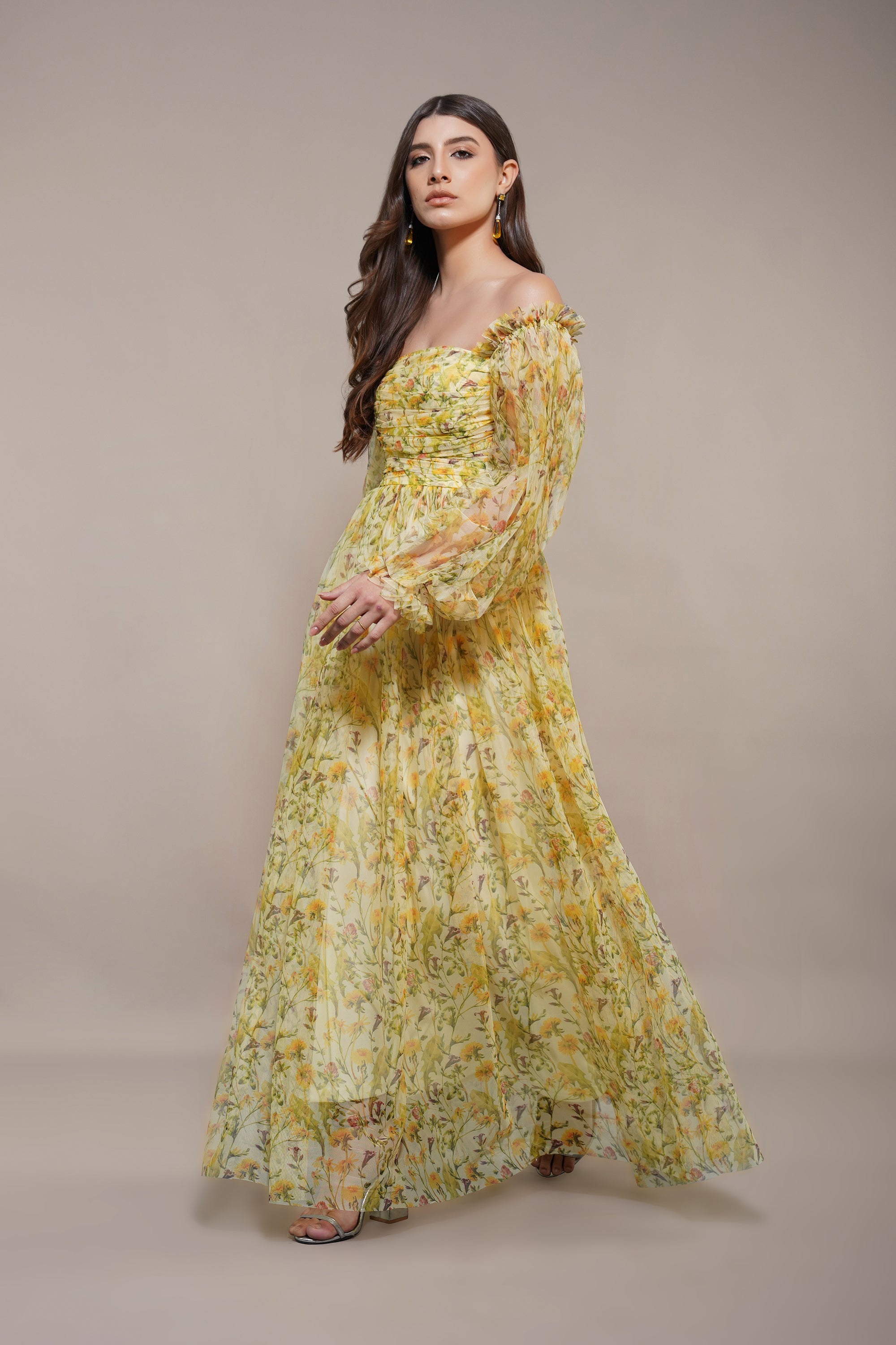 Lana Yellow Printed Tulle Maxi Dress - Flowy Summer Beach Dress for Women, Boho Chic Wedding Guest Outfit, Perfect for Vacations & Special Occasions